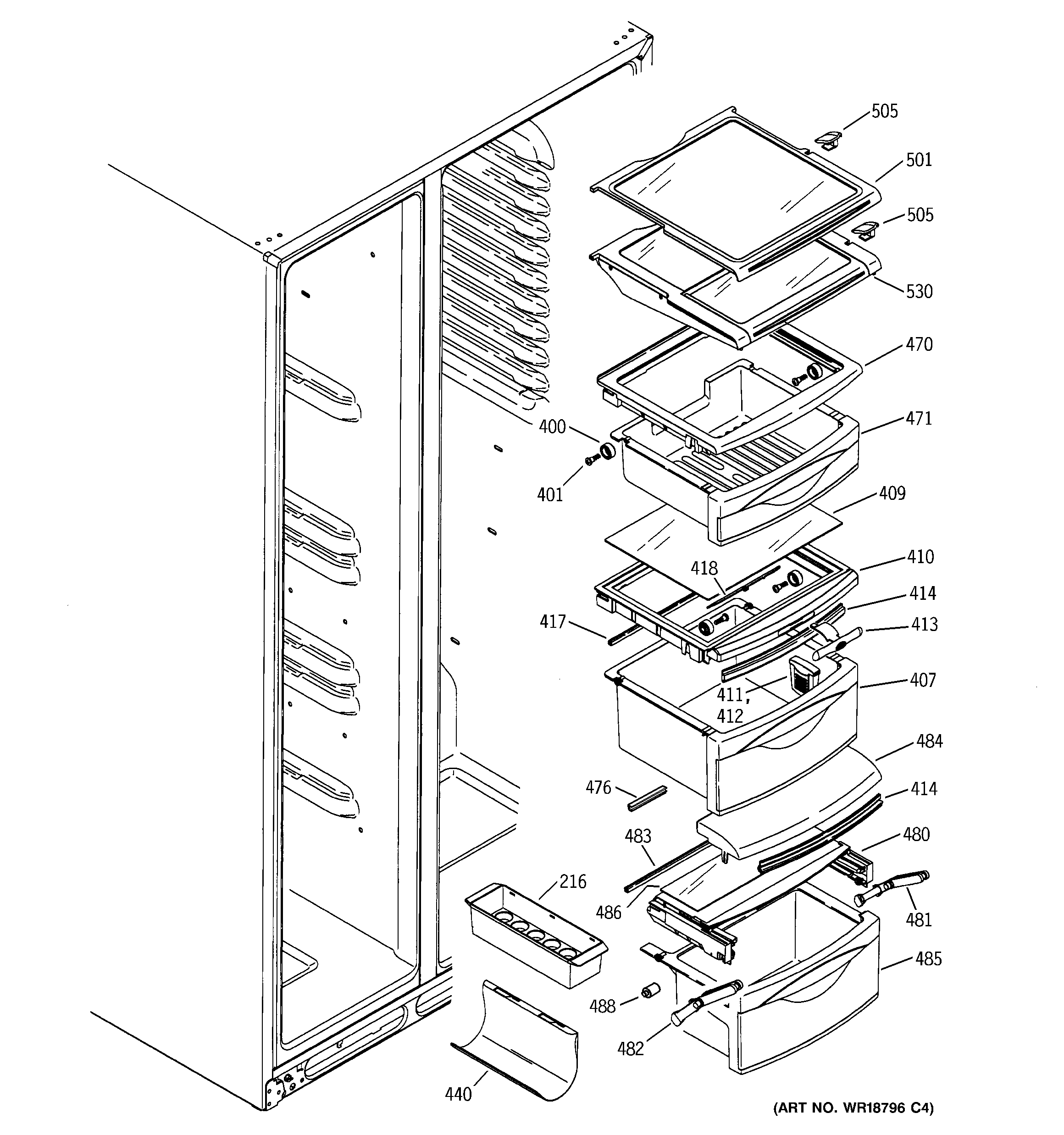 GE PSI23MGMBCC fresh food shelves diagram