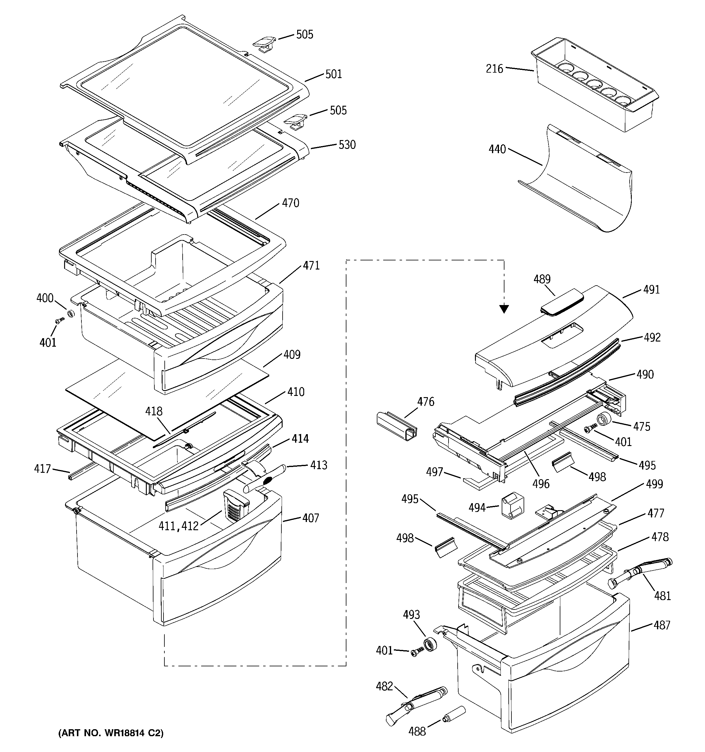 GE PSC23SHMBBS fresh food shelves diagram