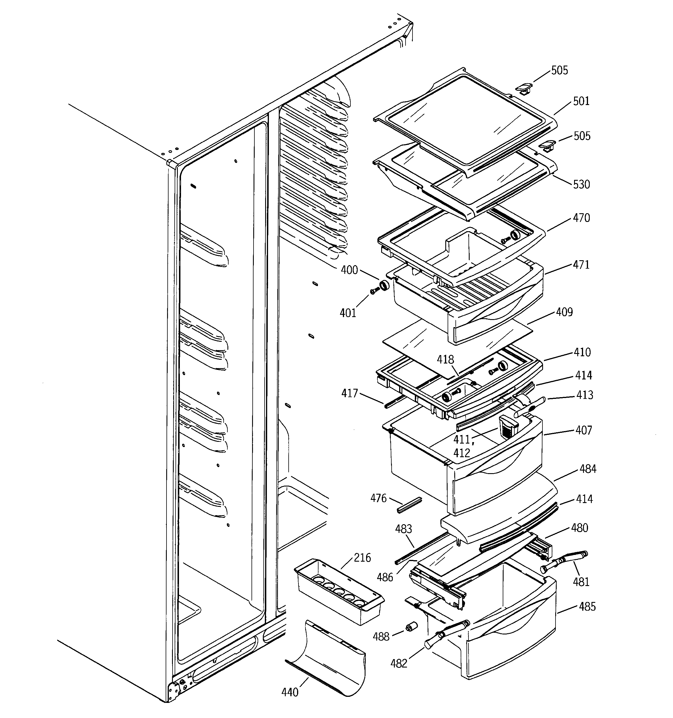 GE PSI23MCMACC fresh food shelves diagram