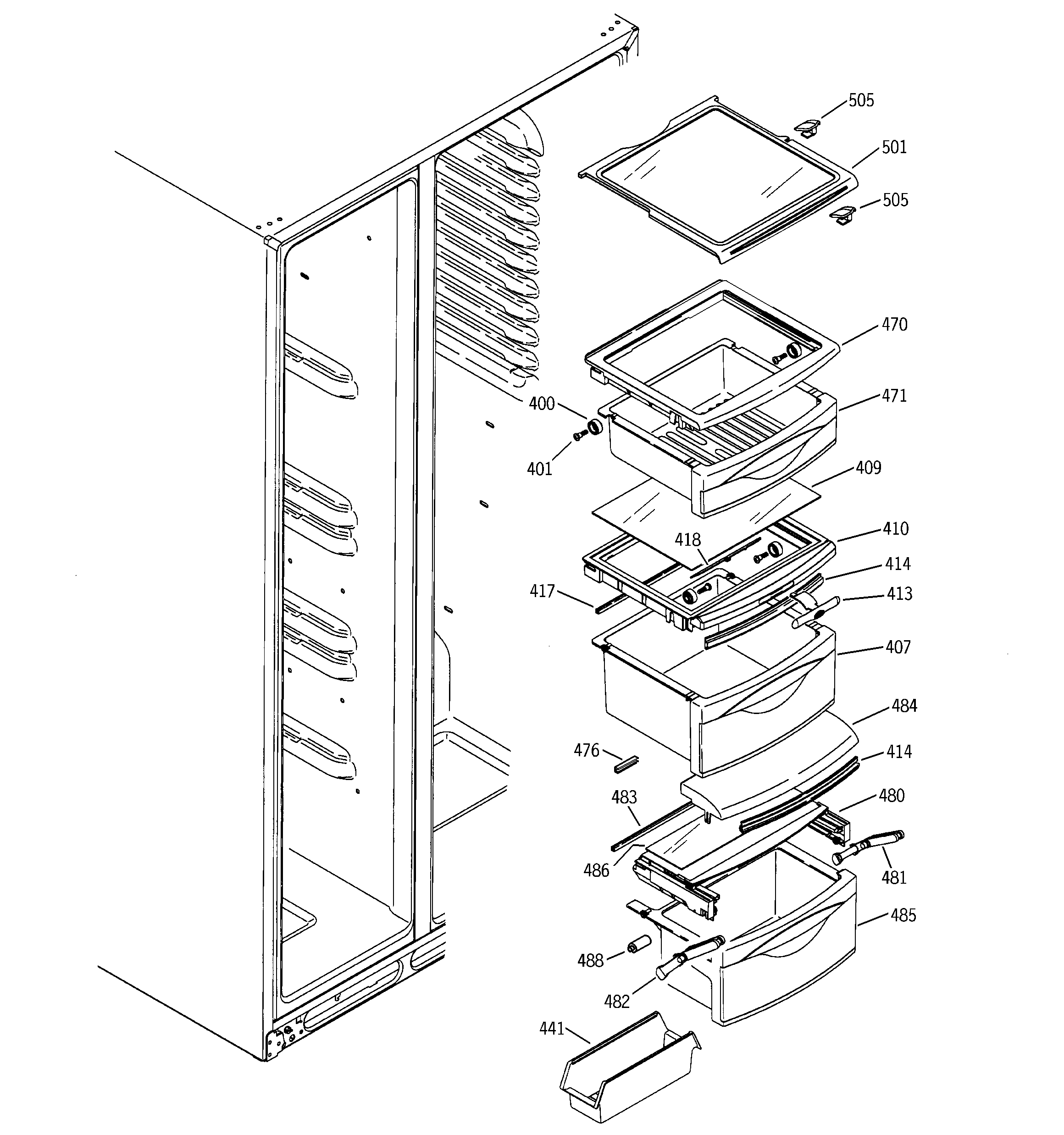 GE GSS25PGMAWW fresh food shelves diagram