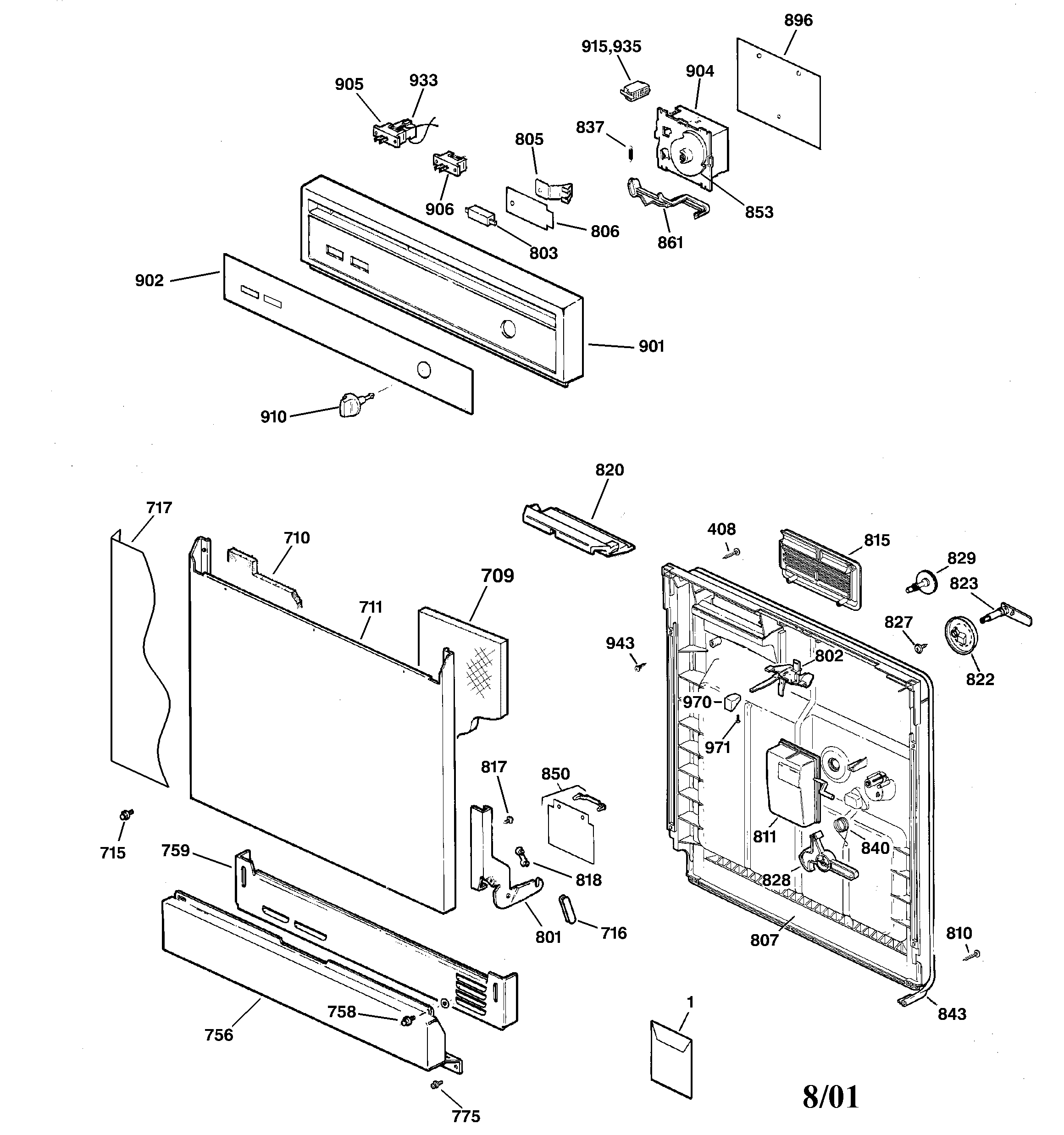 GE GSD2200F01AD escutcheon & door assembly diagram