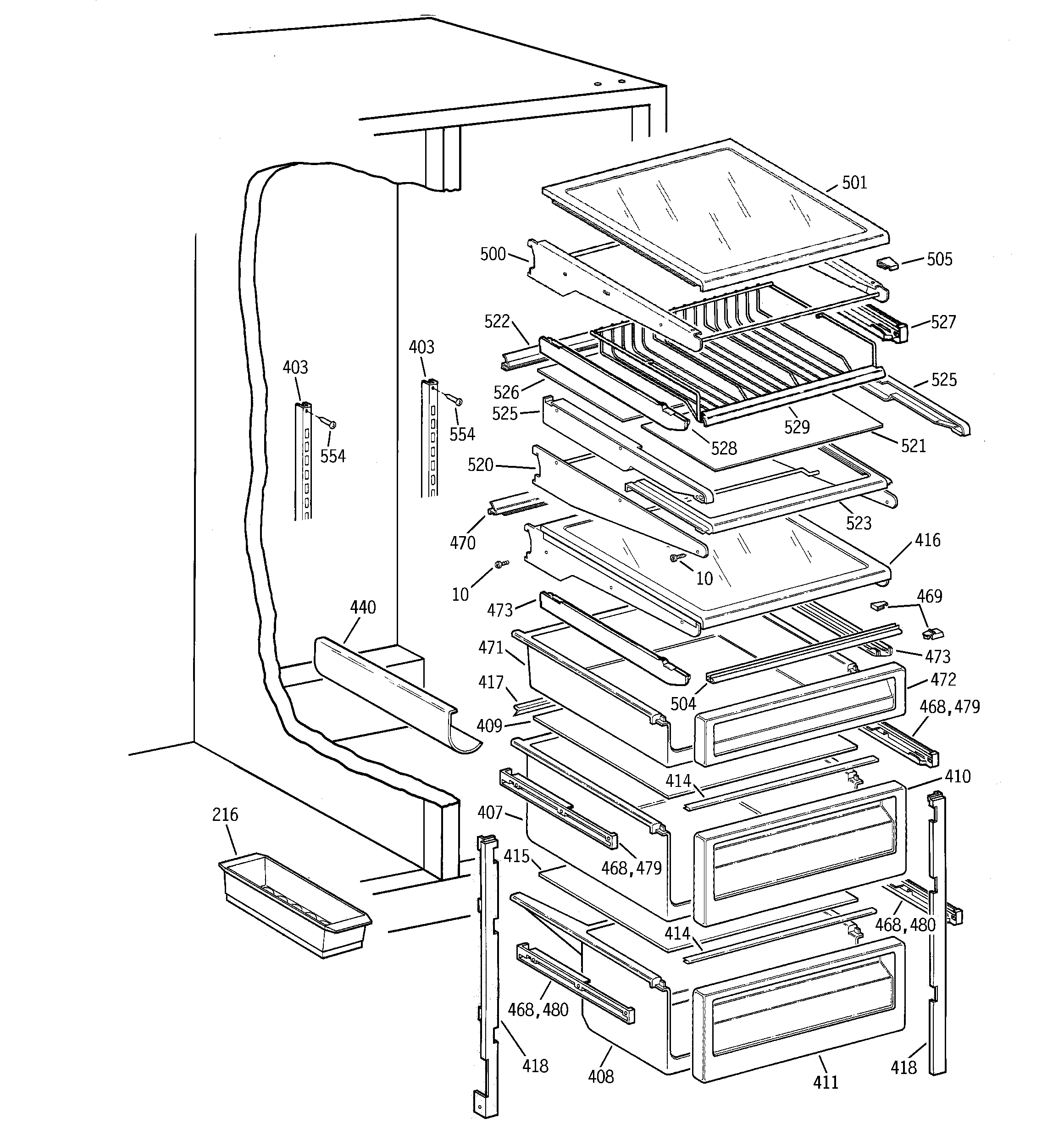 GE TPJ24PRDBBB fresh food shelves diagram