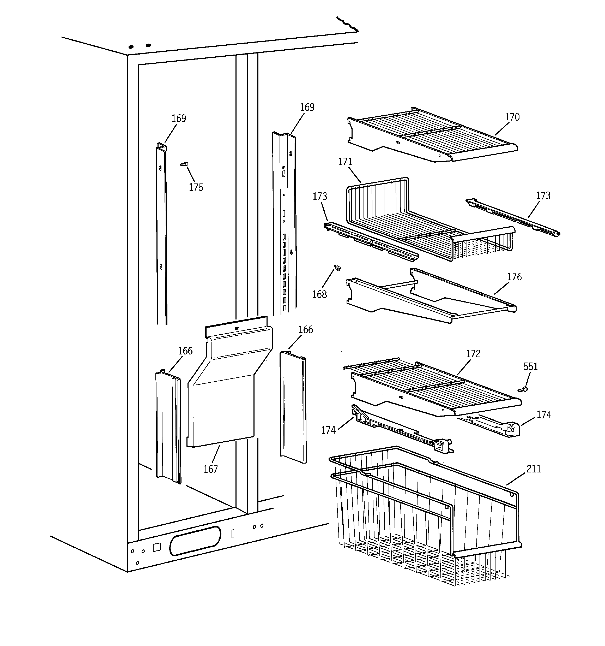 GE TPG24BFDBBB freezer shelves diagram