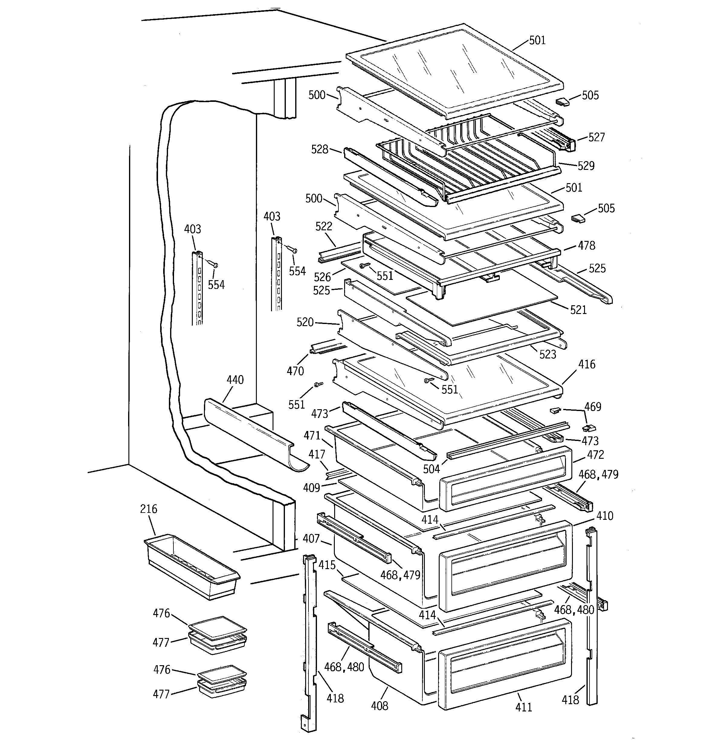 GE TPG24BFDBBB fresh food shelves diagram