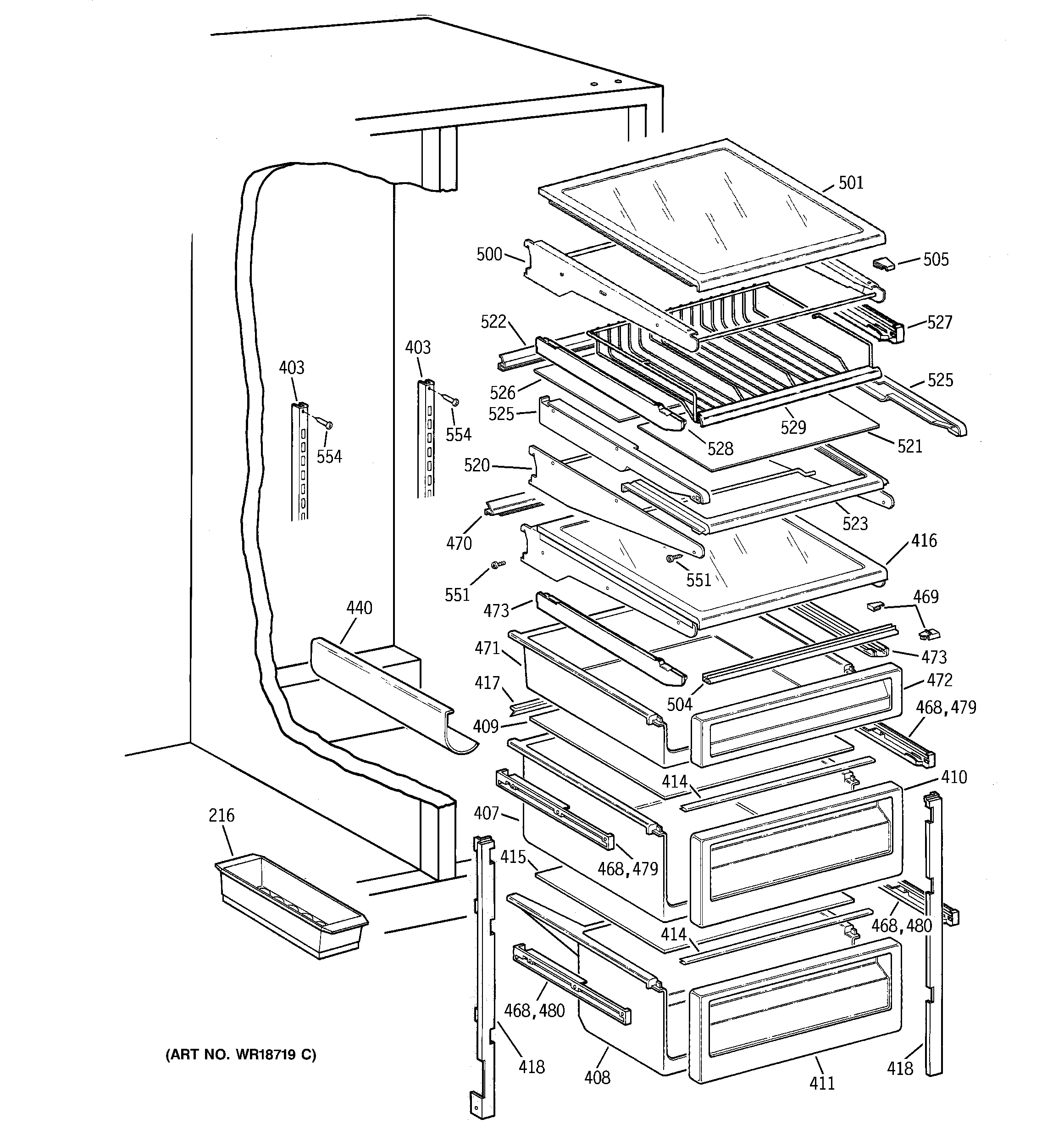 GE TPX24BPDBWW fresh food shelves diagram