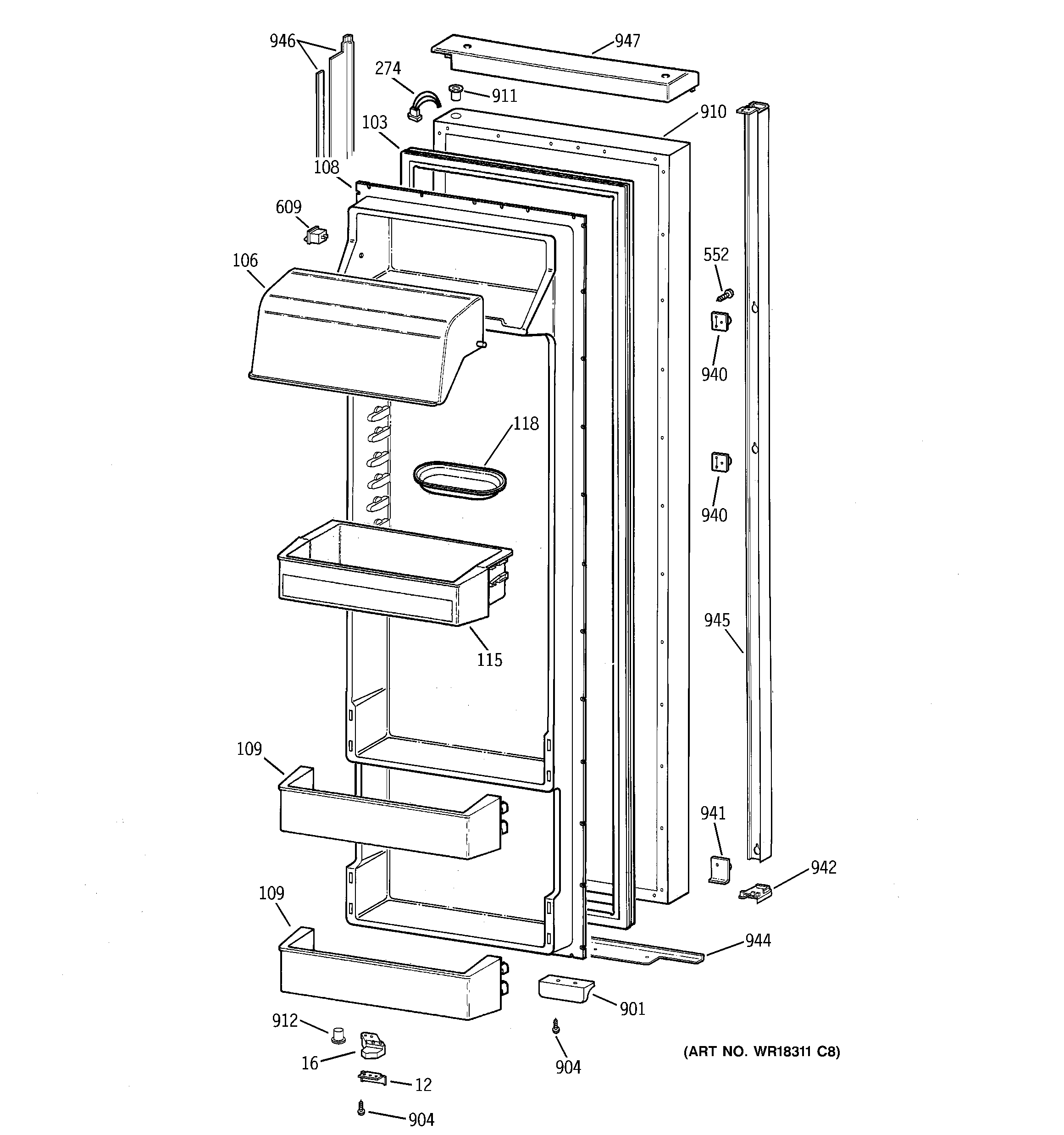 GE TPX24BRDBWW fresh food door diagram