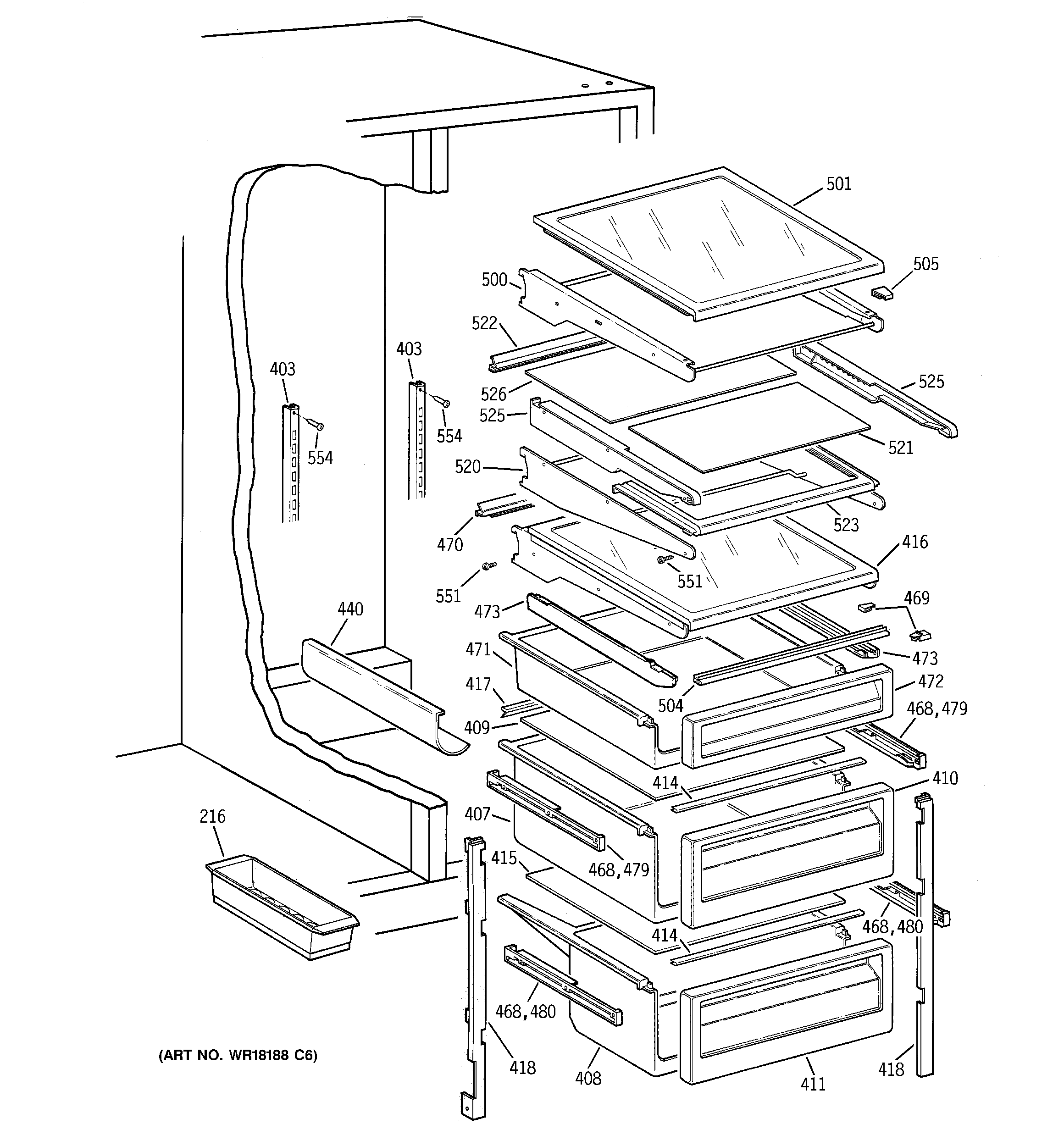 GE TPX24BRDBWW fresh food shelves diagram