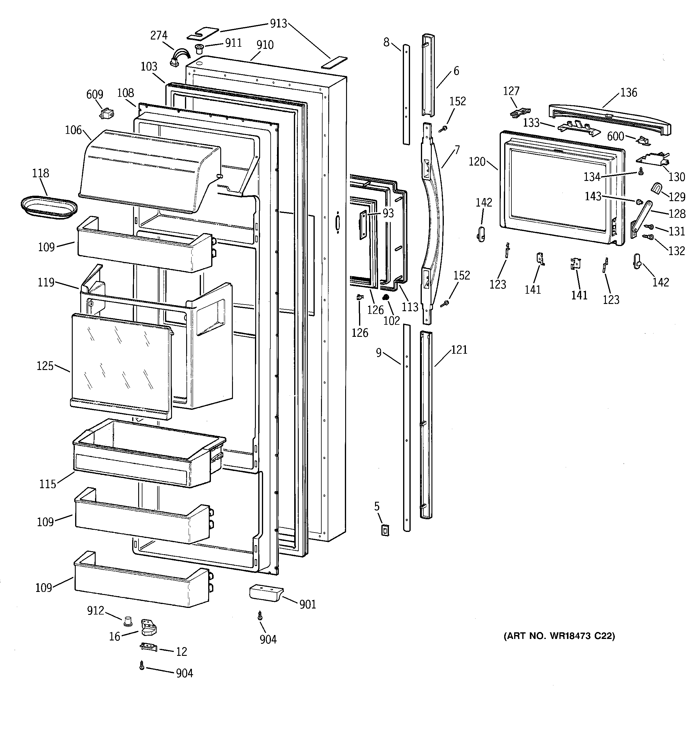 GE TPX24PBDBBB fresh food door diagram