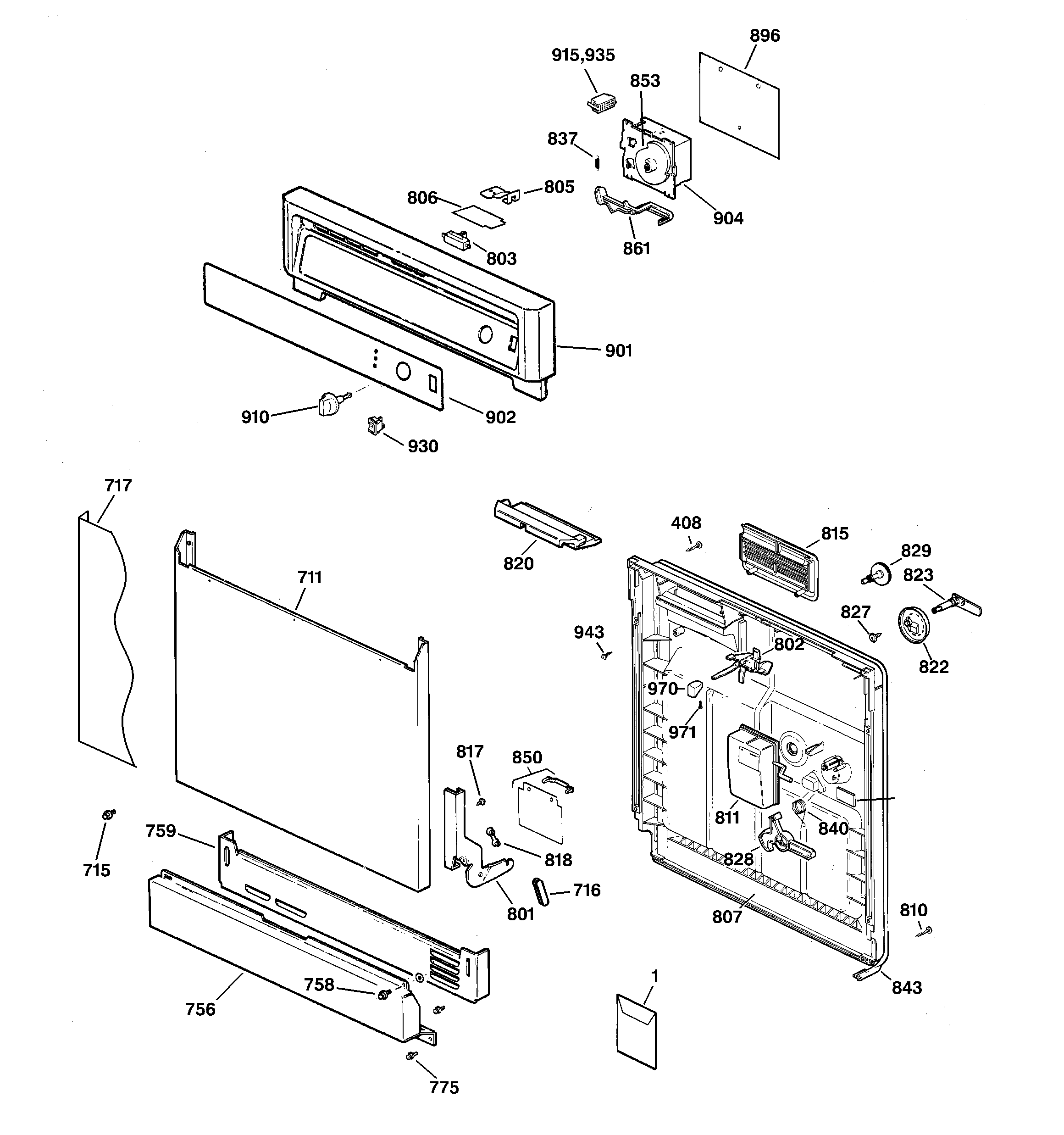 GE GSD2000F01AD escutcheon & door assembly diagram