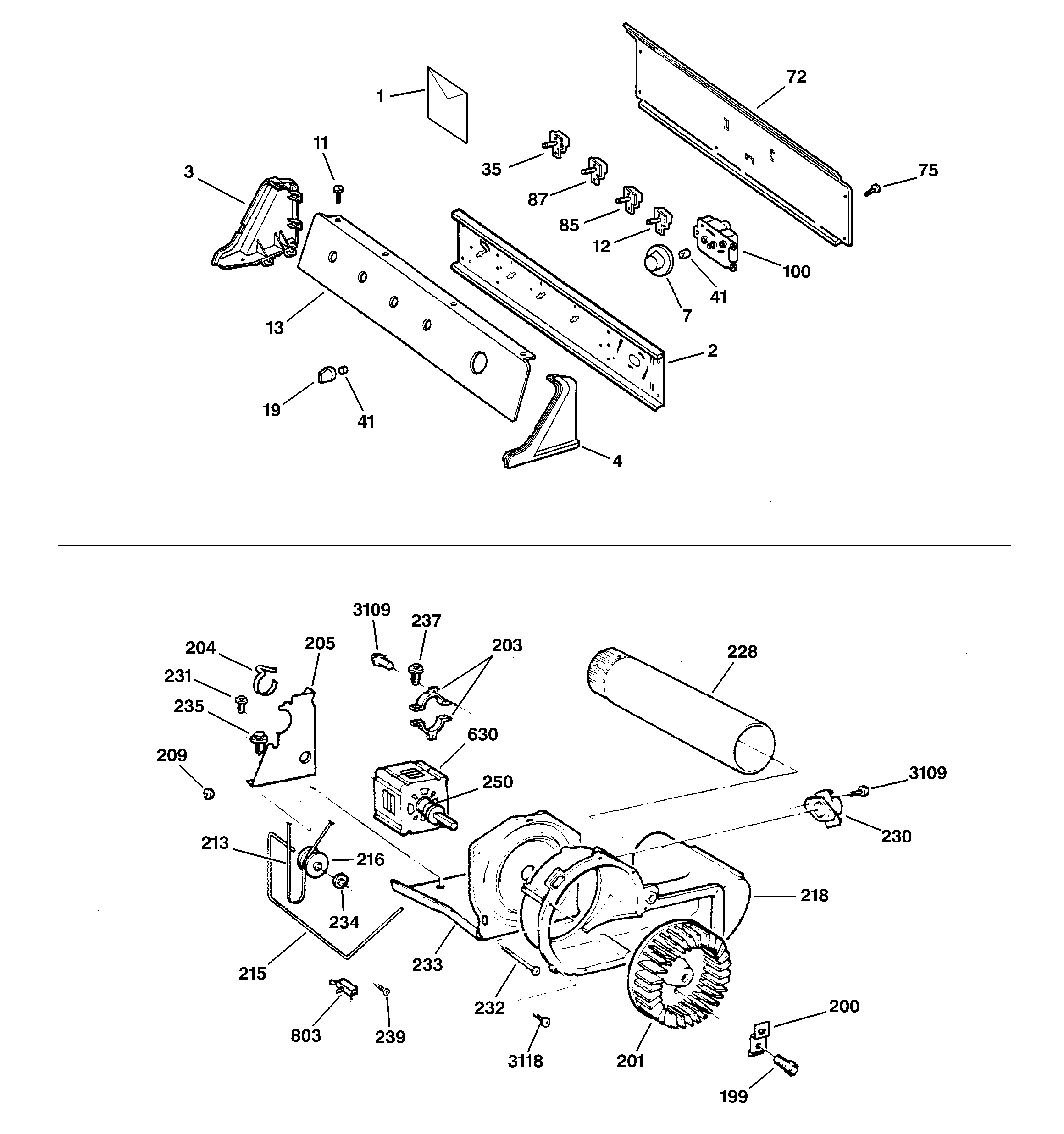 GE DNSR473GW3AA backsplash, blower & motor diagram