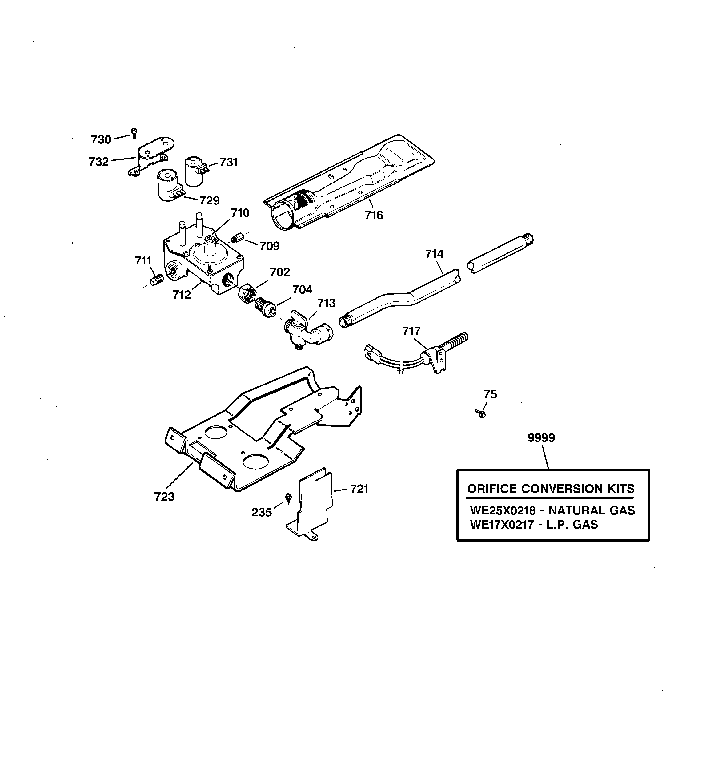 GE DPSR473GW3AA gas valve & burner assembly diagram
