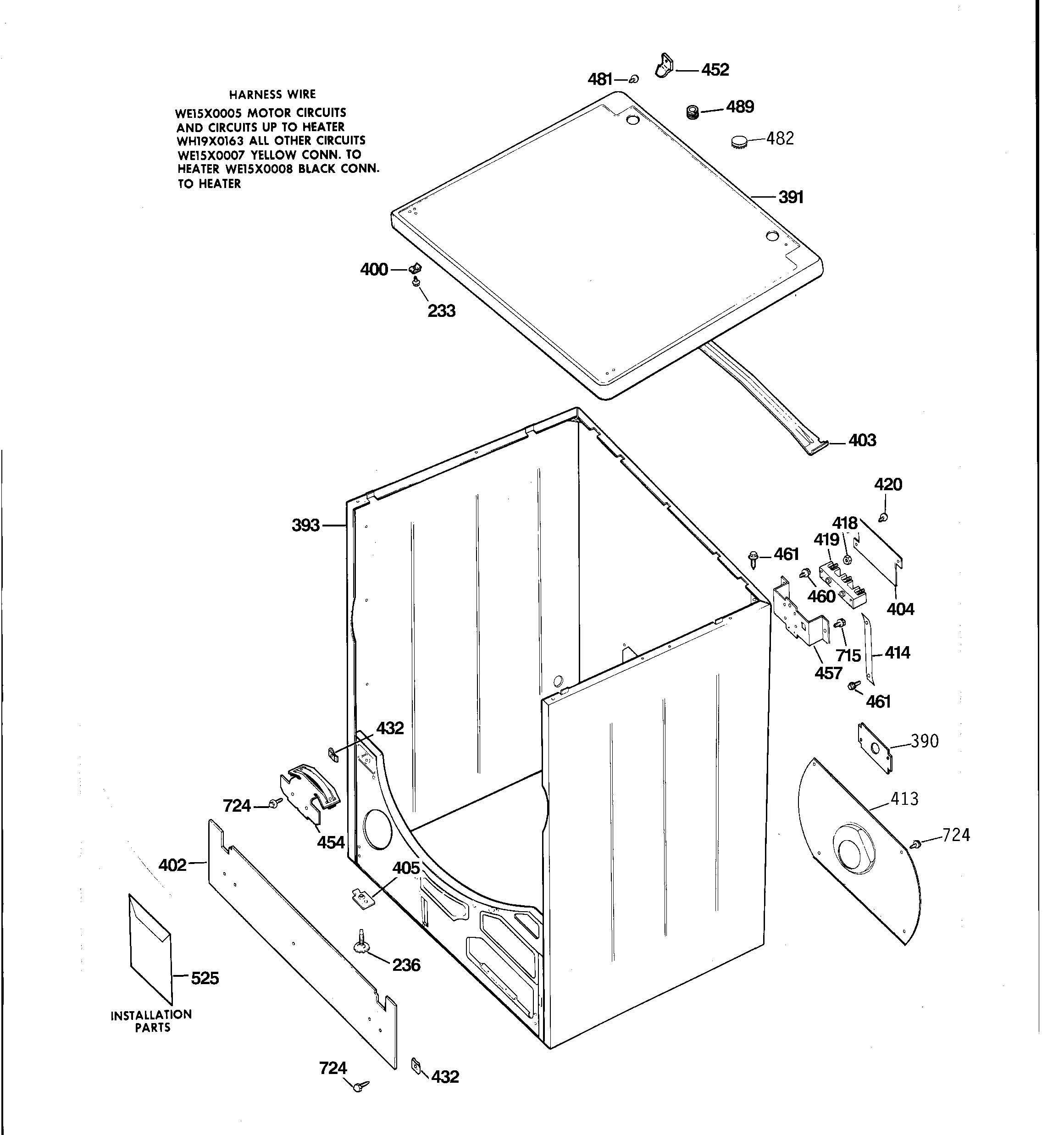 GE CADE165SWH cabinet & top assembly diagram