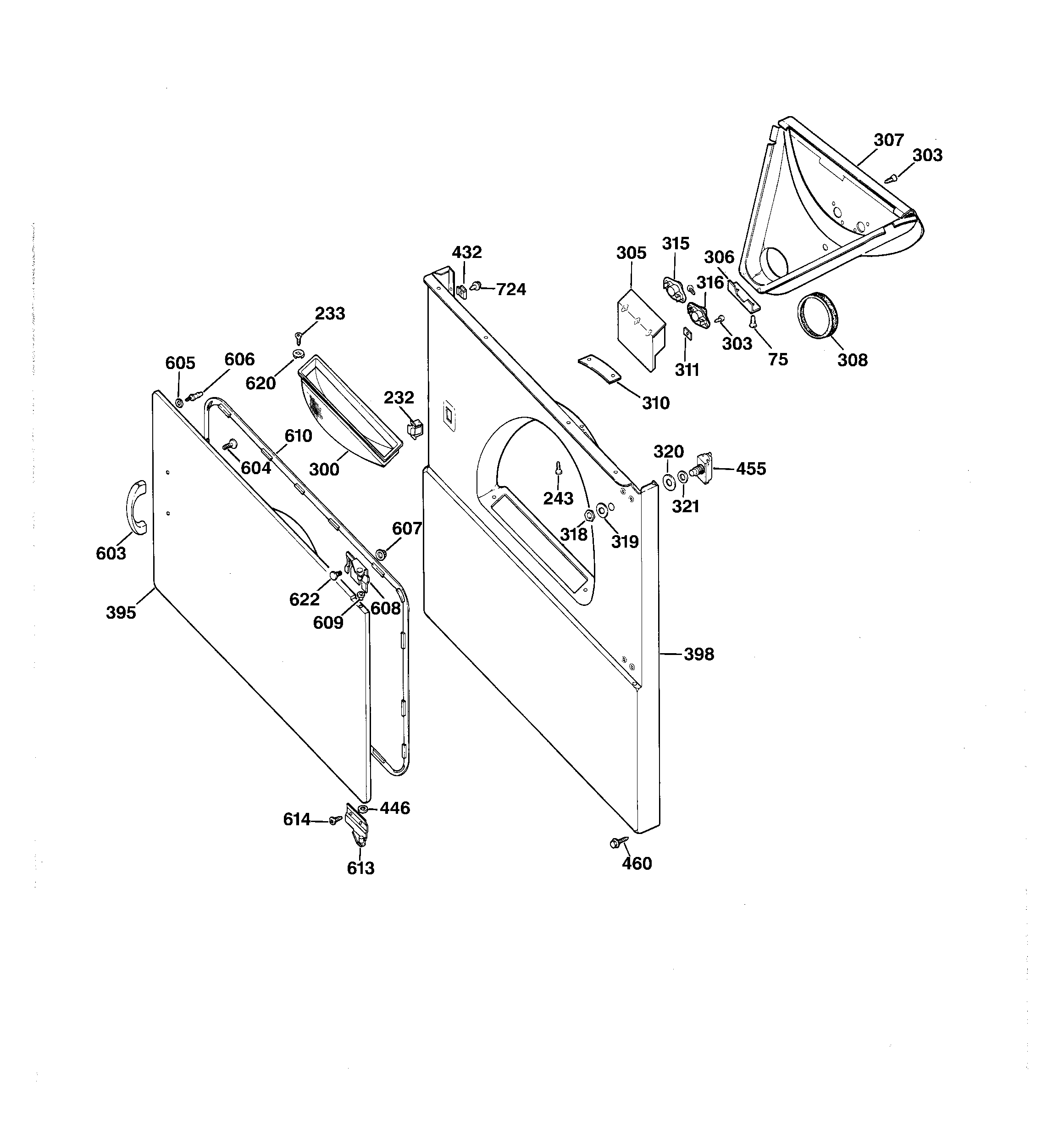 GE CADE165SWH cabinet front assembly diagram