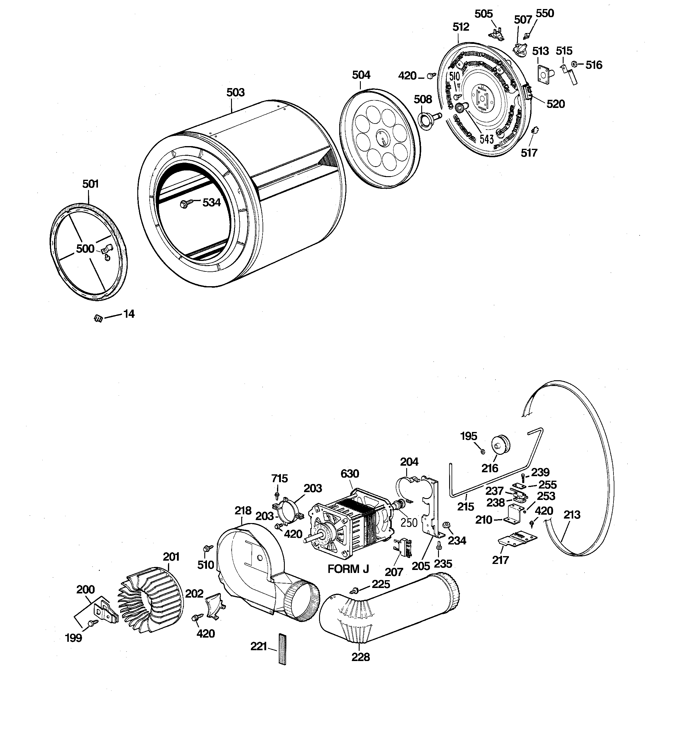 GE CADE165SWH drum, heater assembly, blower & dri diagram