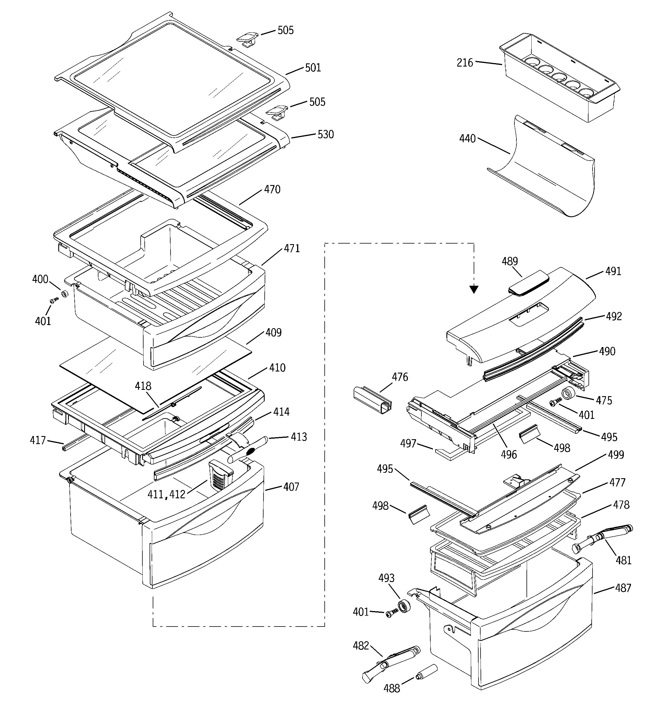 GE PSG27NHMACWW fresh food shelves diagram