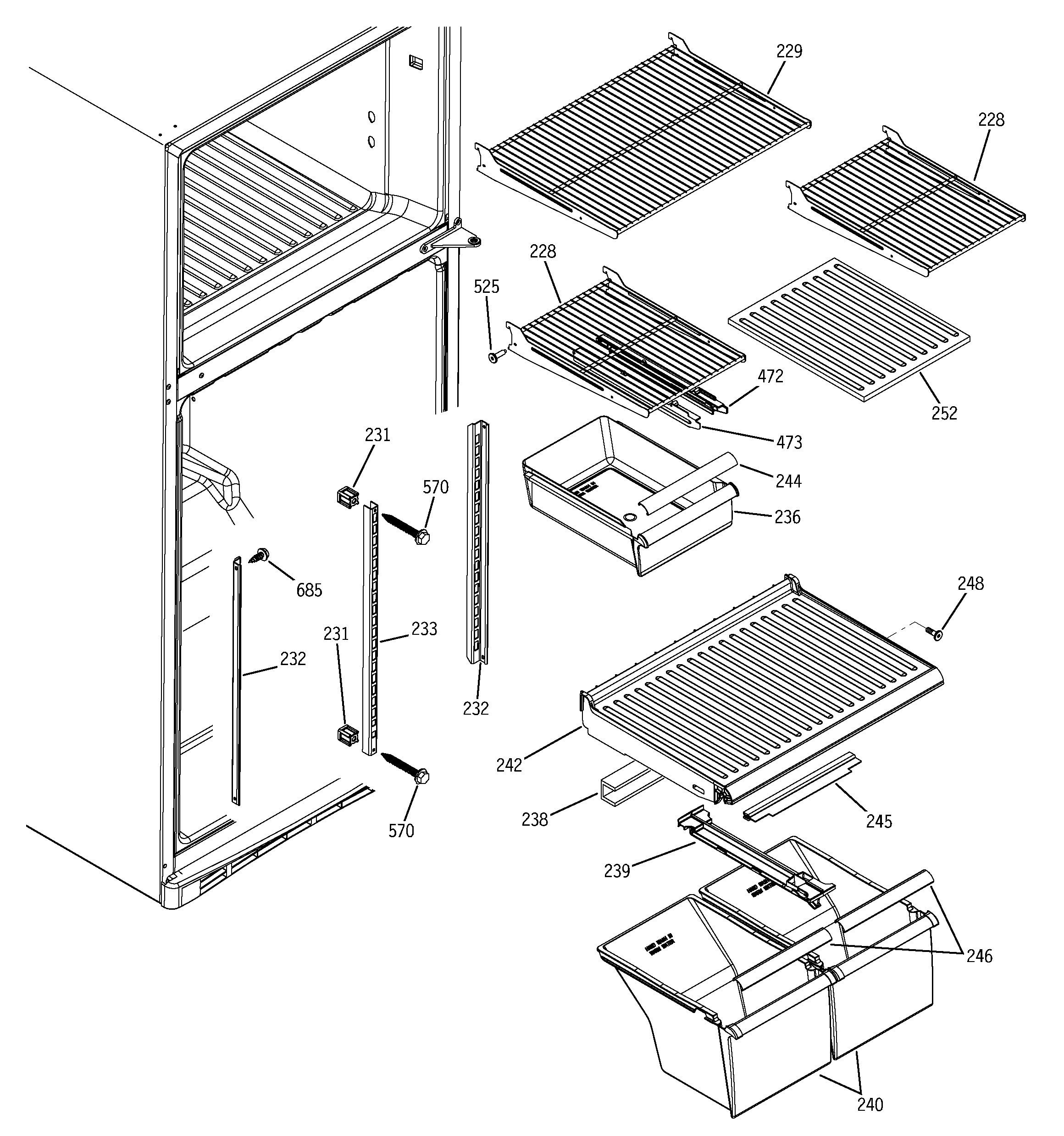 GE GTS18DBMBLWW fresh food shelves diagram