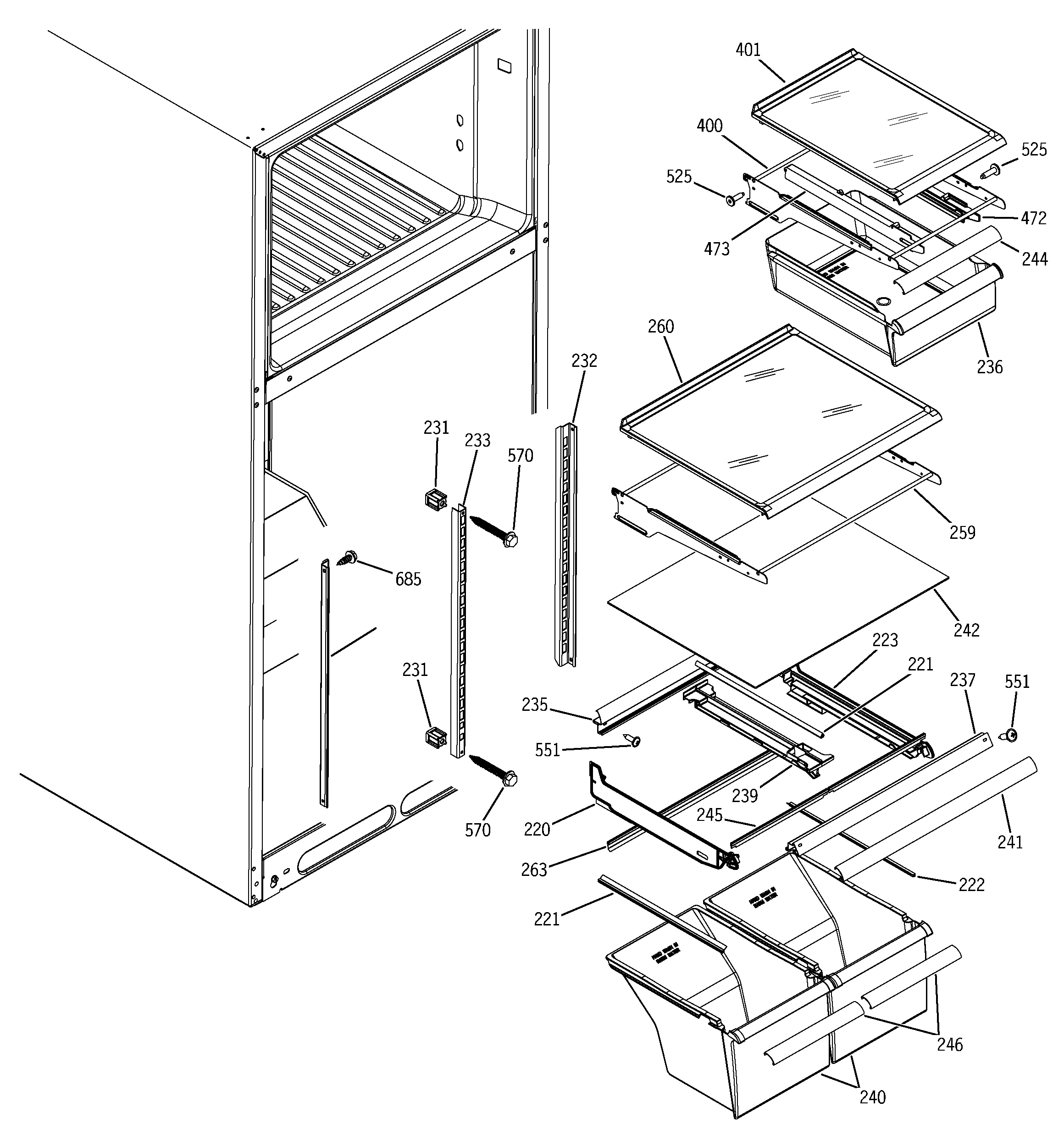 GE STS18ICMBRWW fresh food shelves diagram