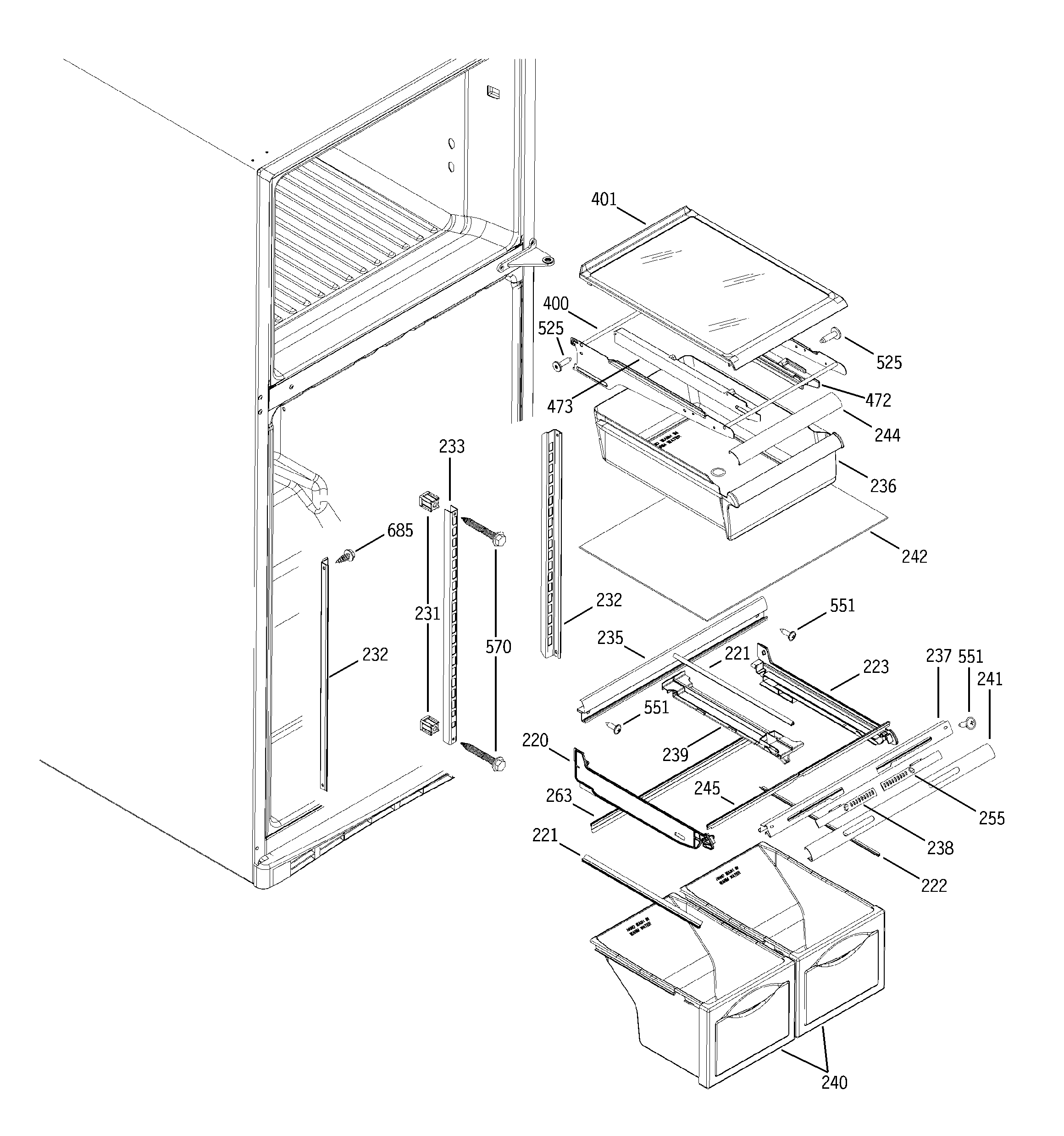 GE GTS19QBMBRCC fresh food shelves diagram