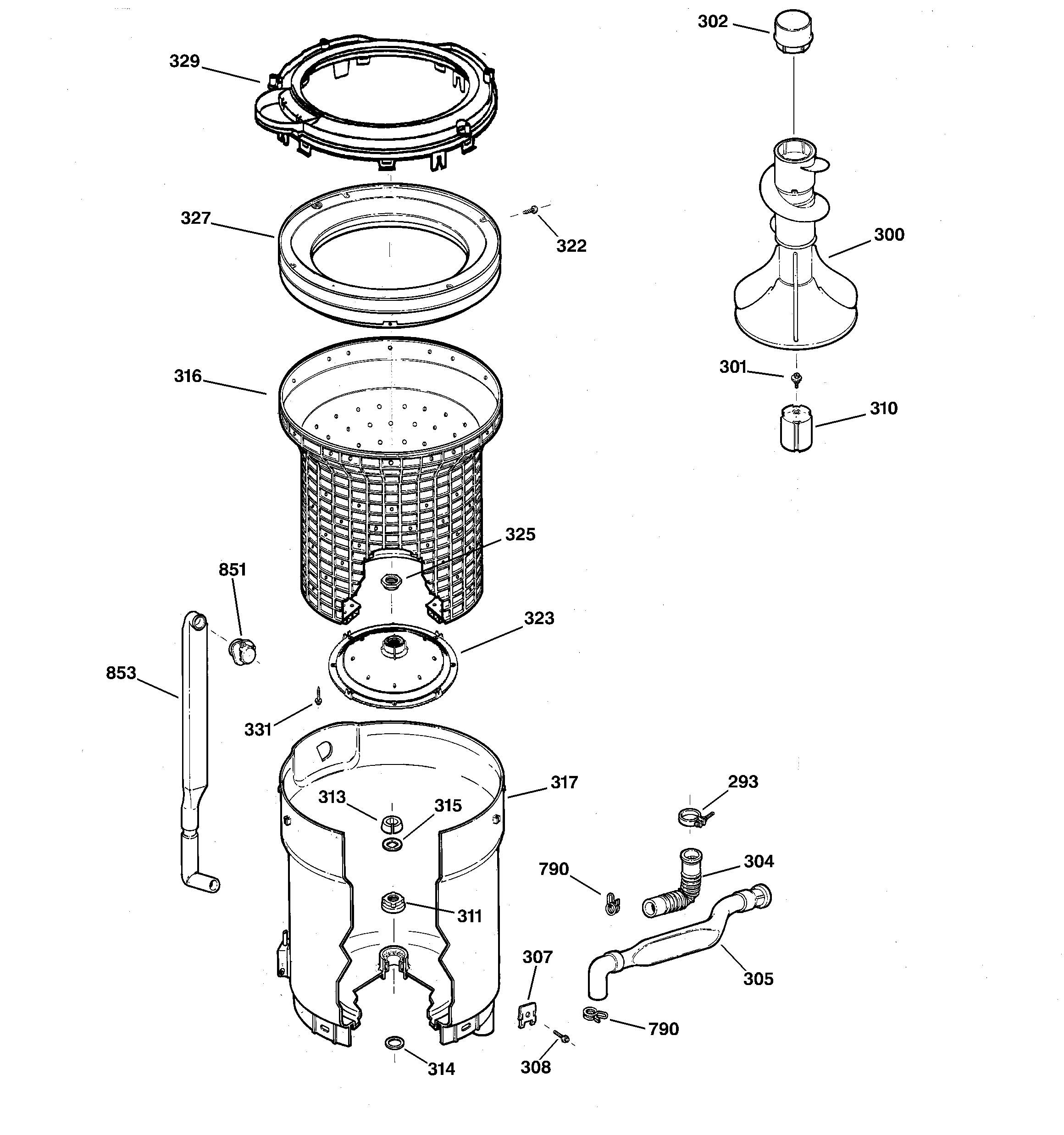 GE WBSE3120B1CC tub, basket & agitator diagram