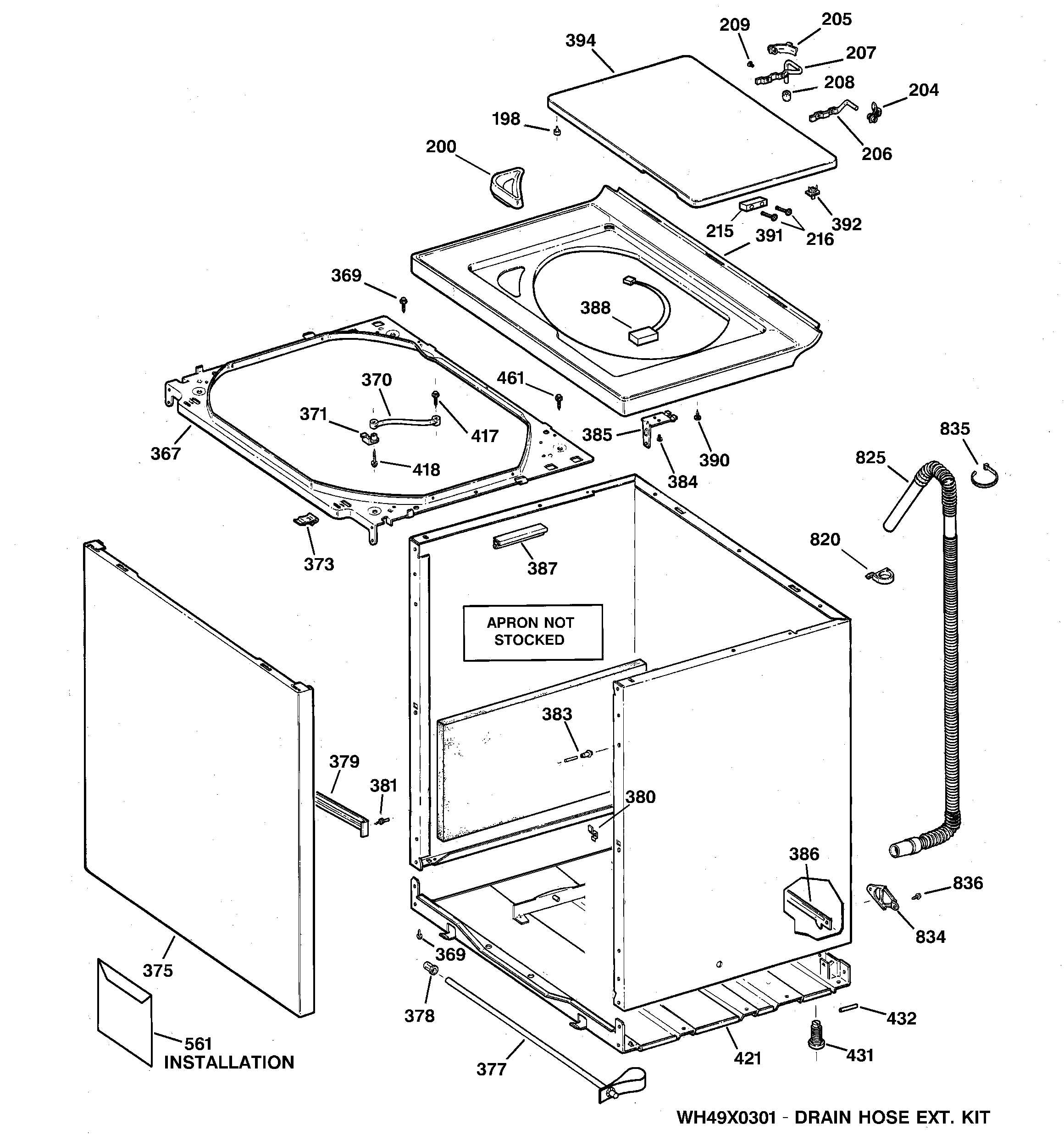 GE WJSE4150B1WW cabinet, cover & front panel diagram