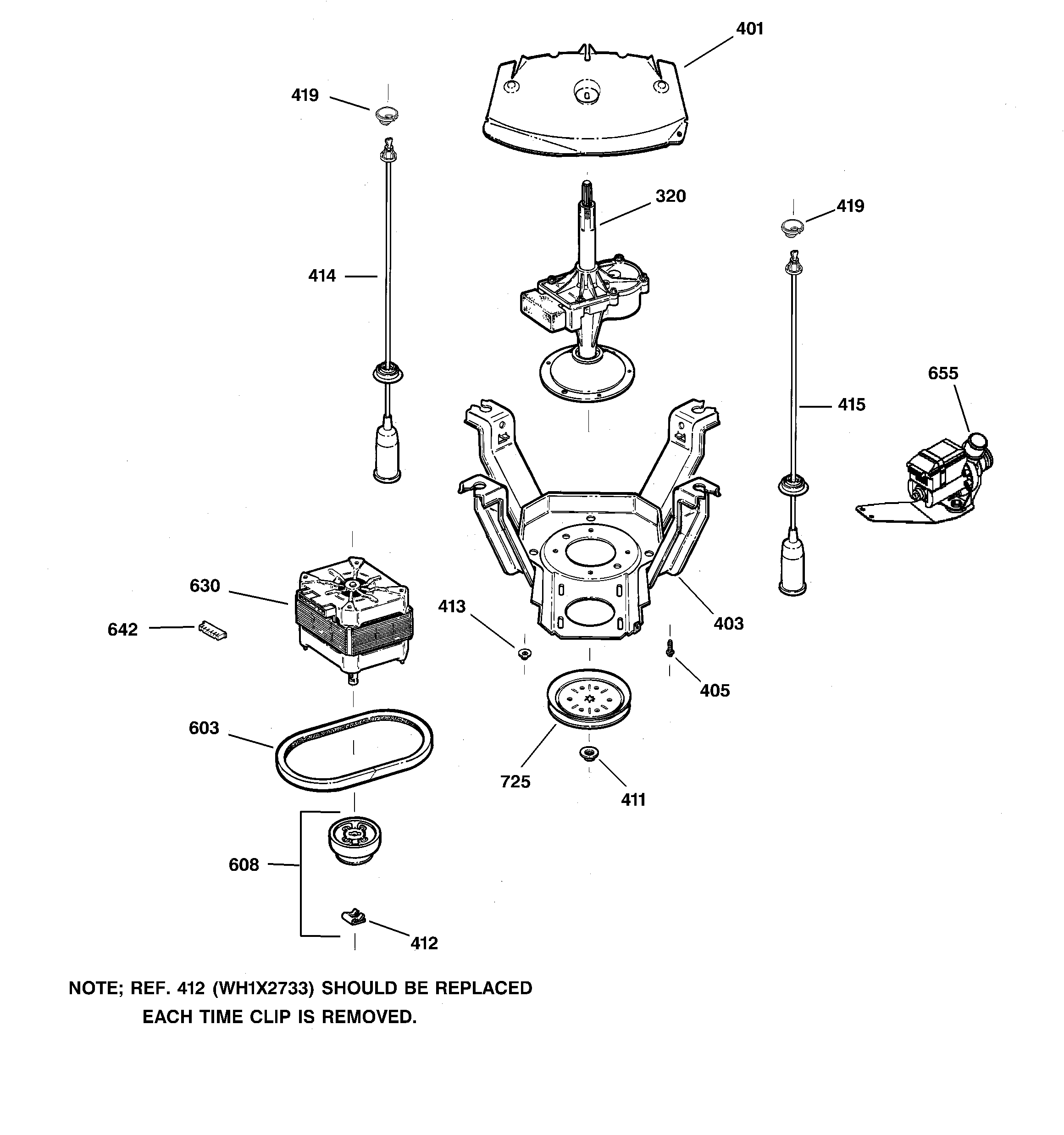 GE WJSE4150B1WW suspension, pump & drive components diagram