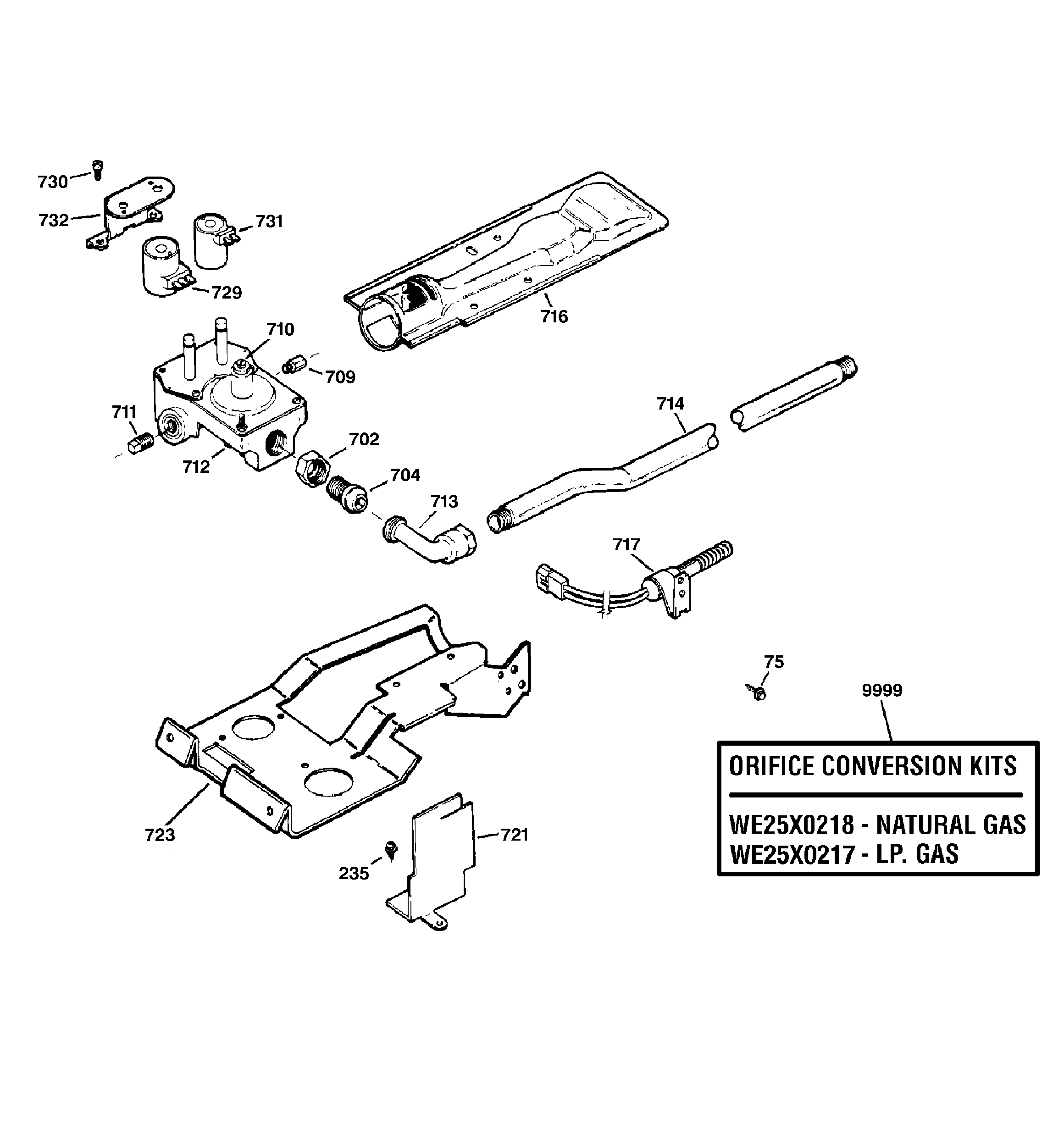 GE DPSB519GB0WW gas valve & burner assembly diagram