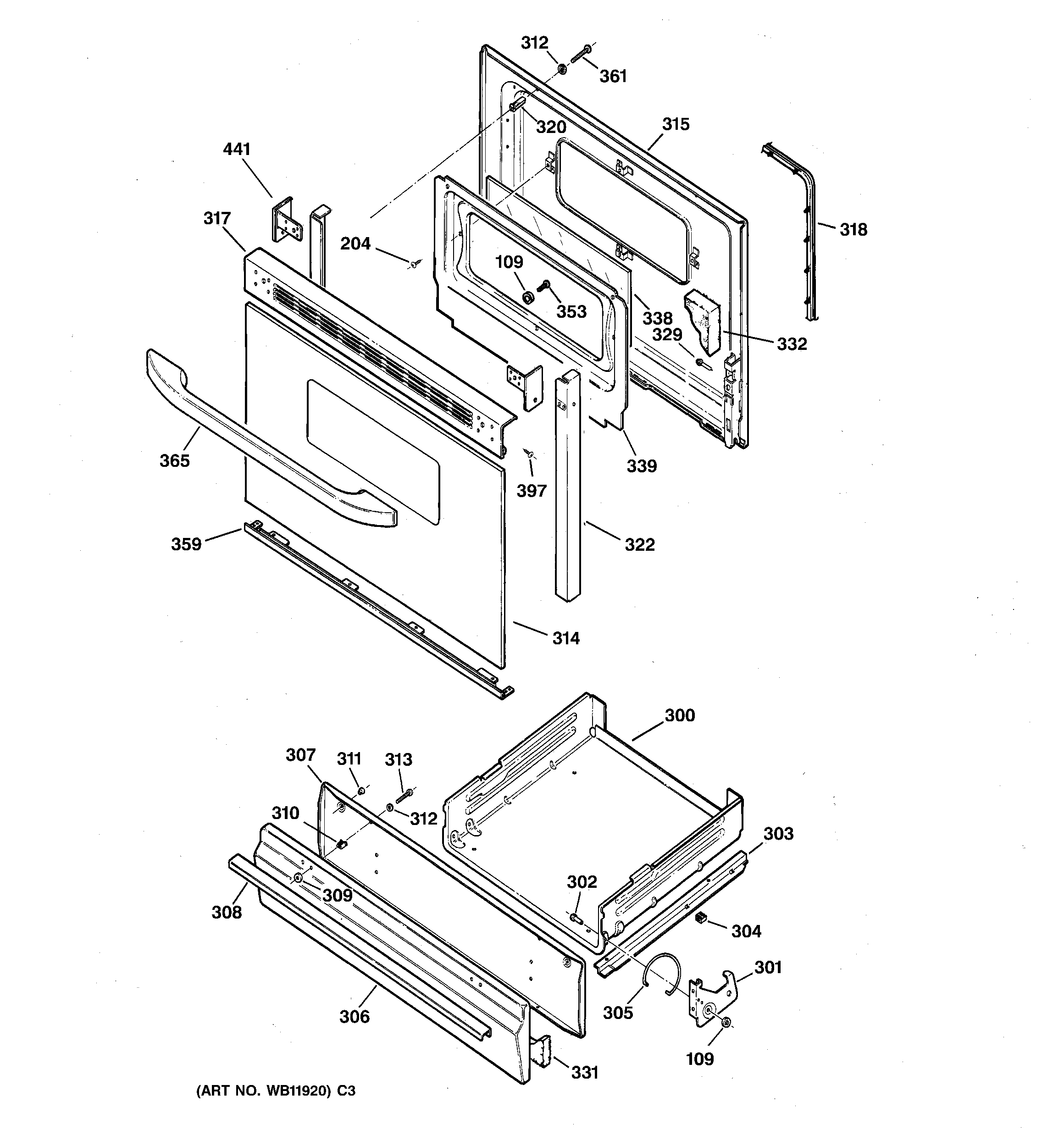GE JGSS05BEA5BB door & drawer parts diagram