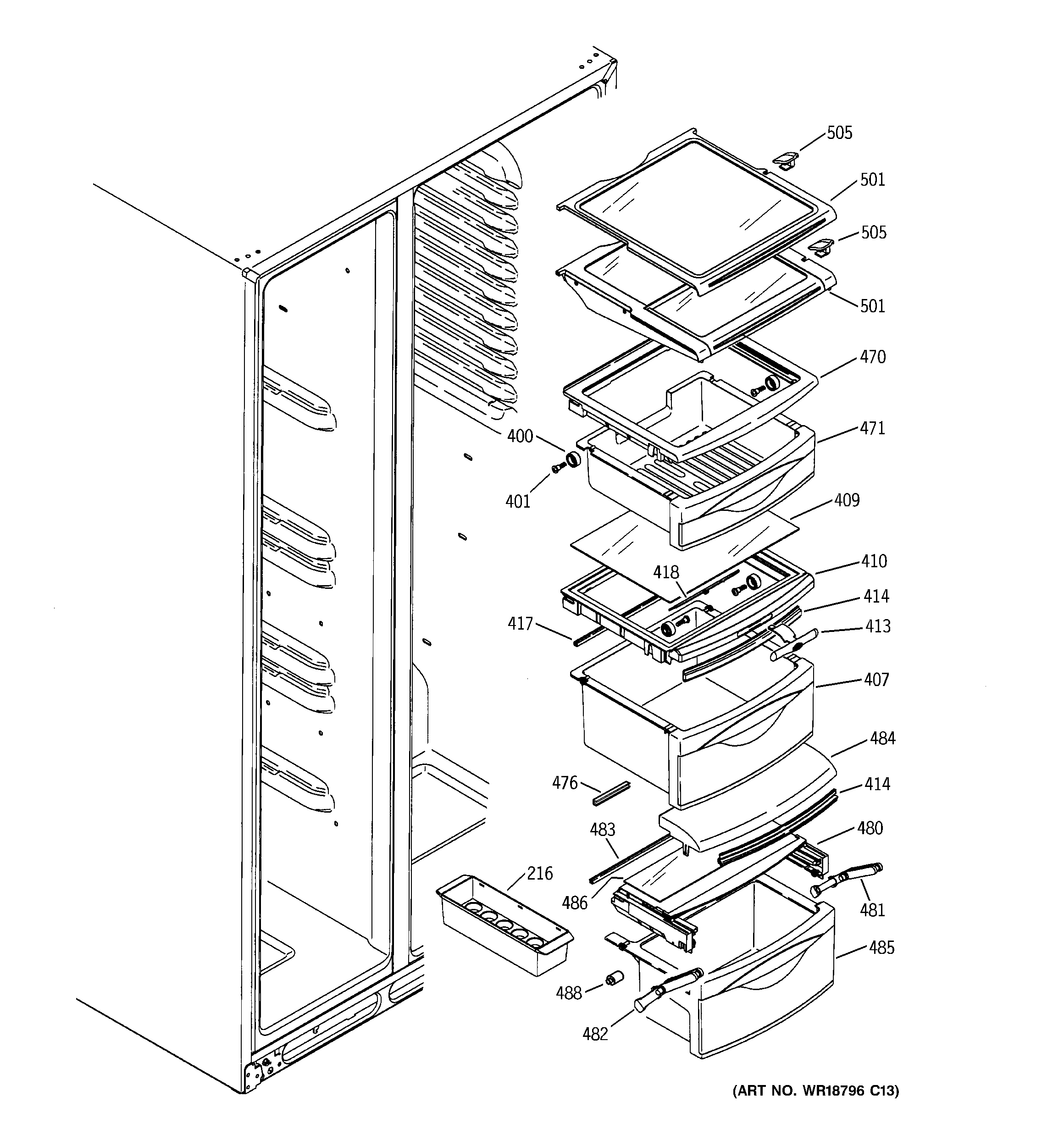 GE GCK21LEMAFCC fresh food shelves diagram