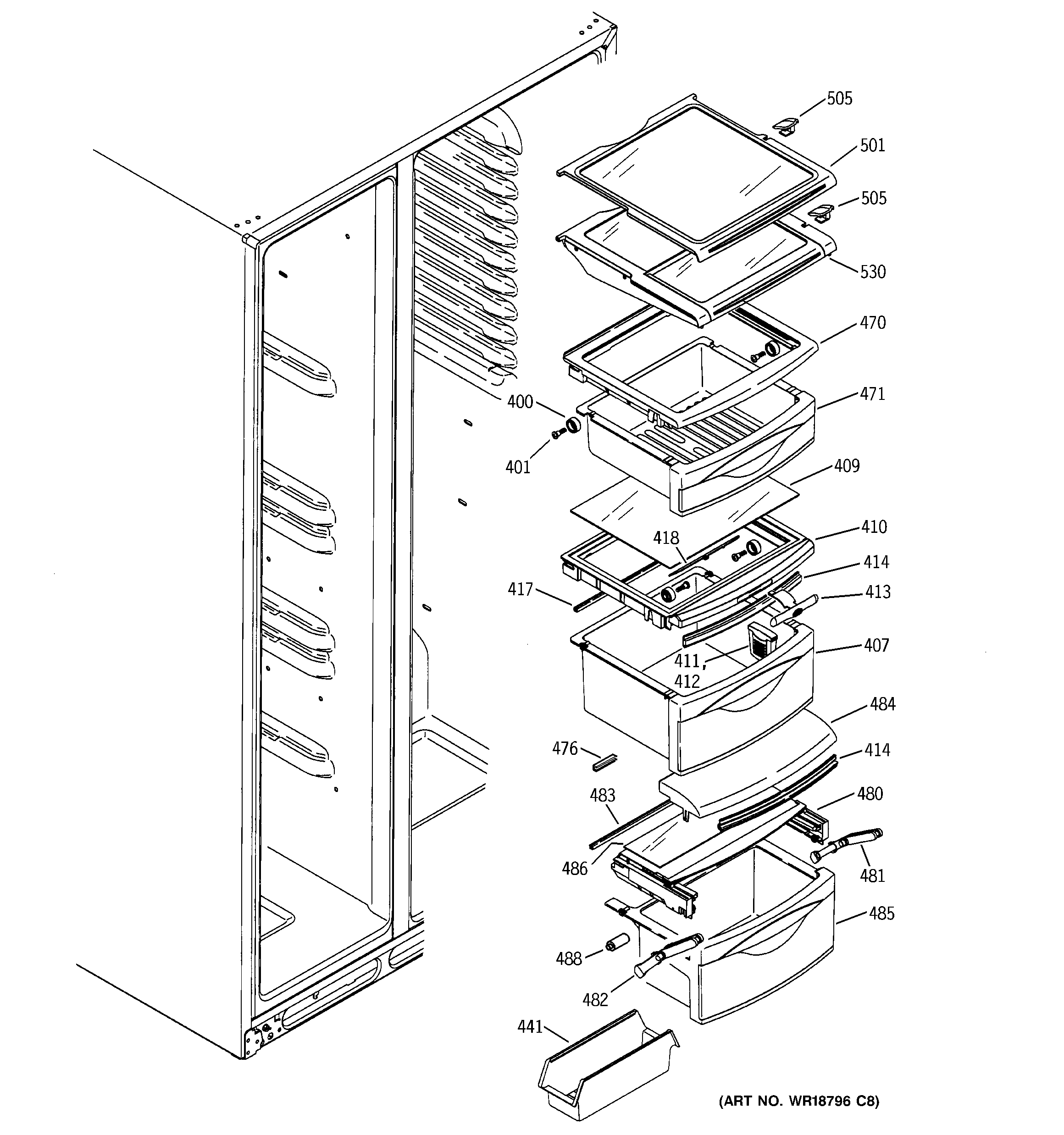 GE ESS25LGMEBB fresh food shelves diagram