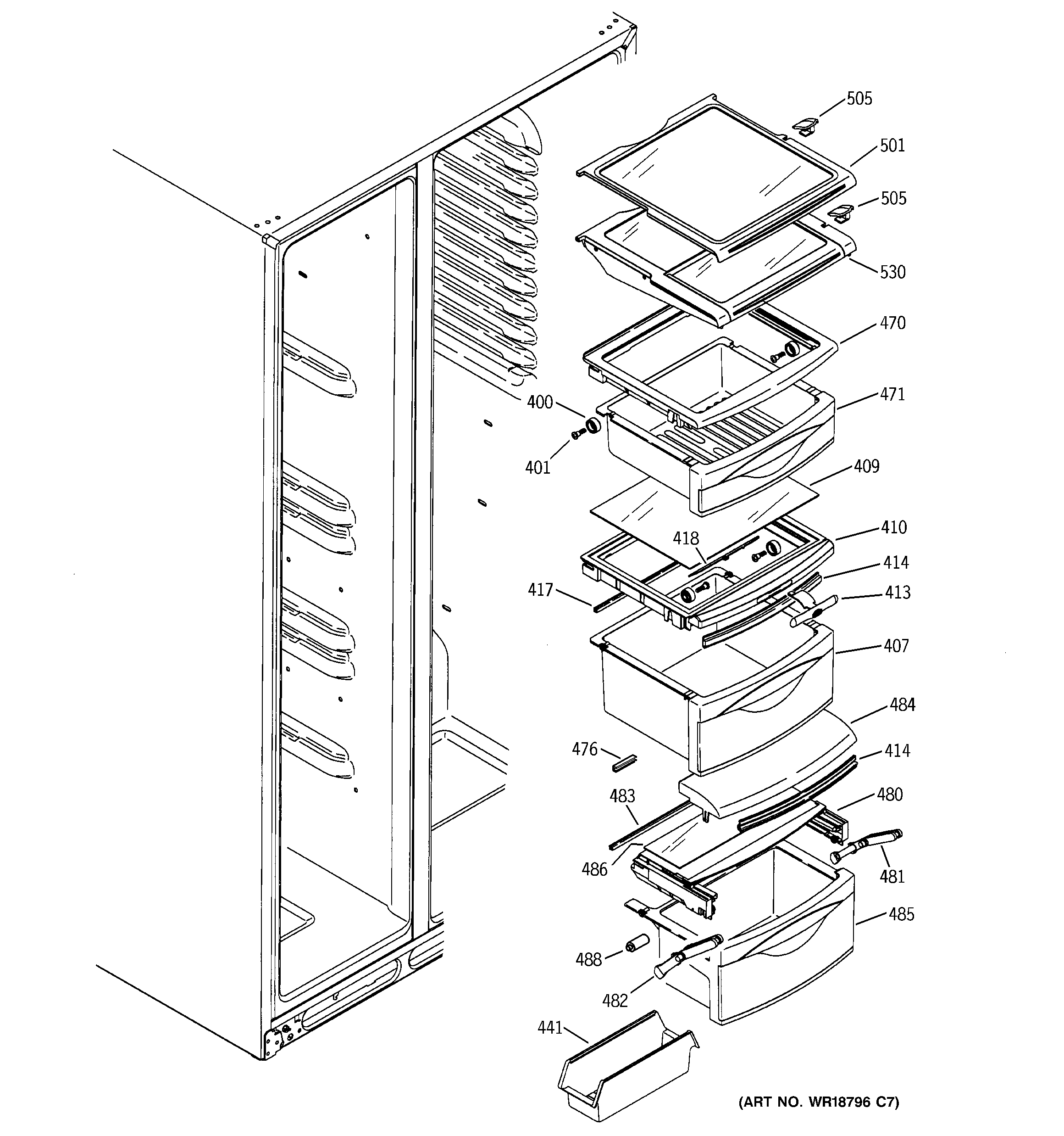 GE GSS25RGMEWW fresh food shelves diagram