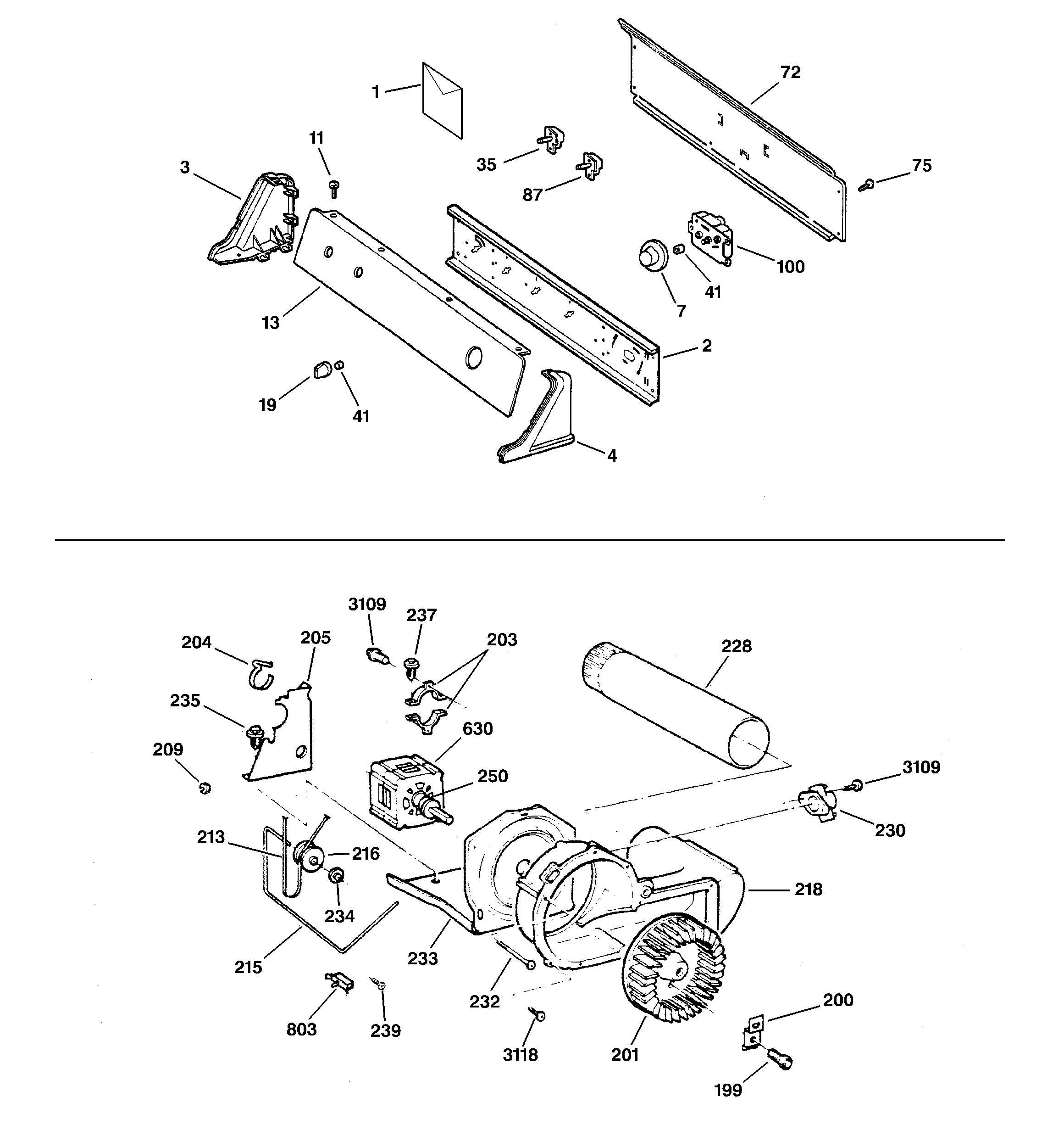 GE DHSR333GA0WB backsplash, blower & drive assembly diagram
