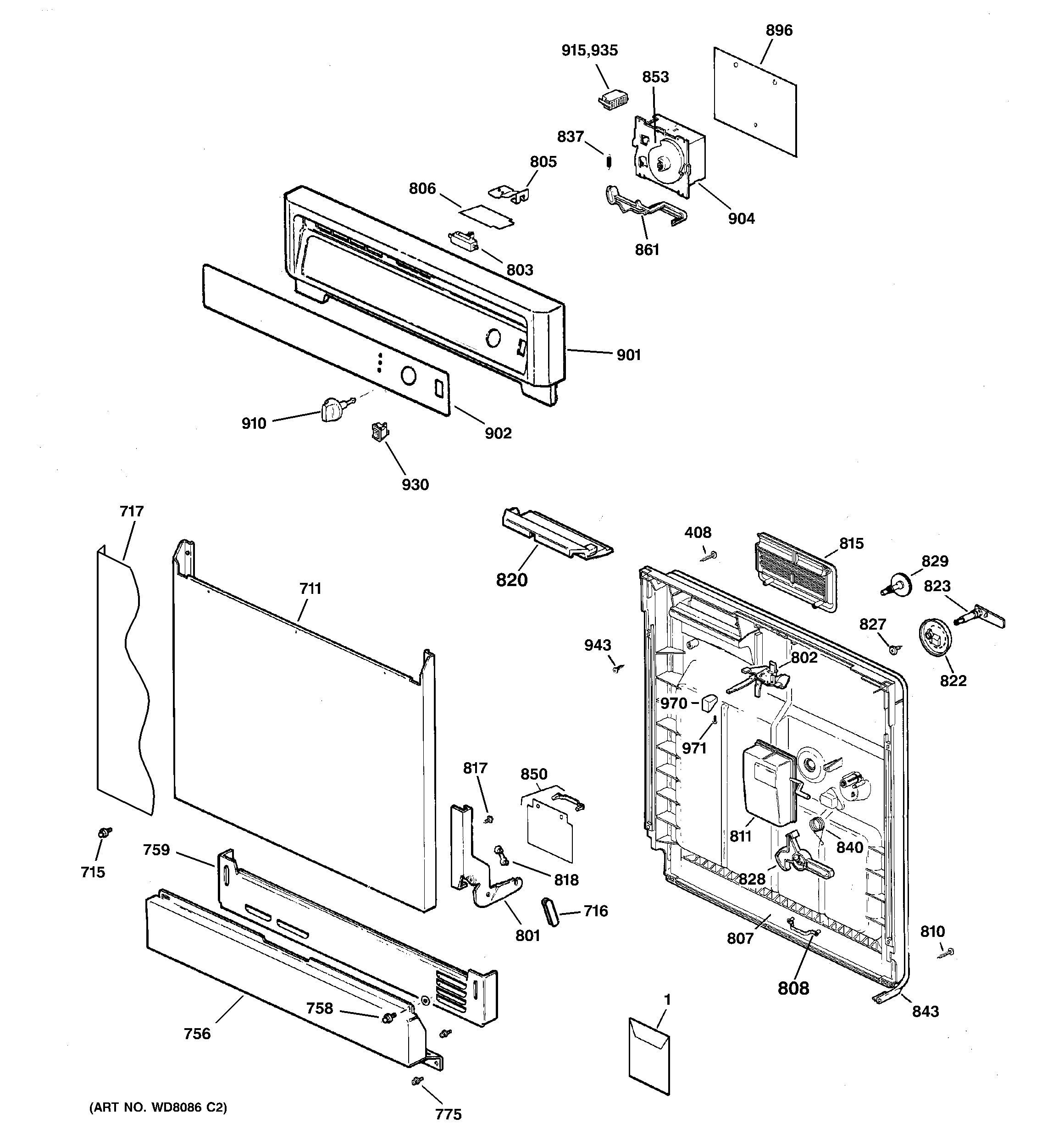 GE GSD1100G00WW escutcheon & door assembly diagram