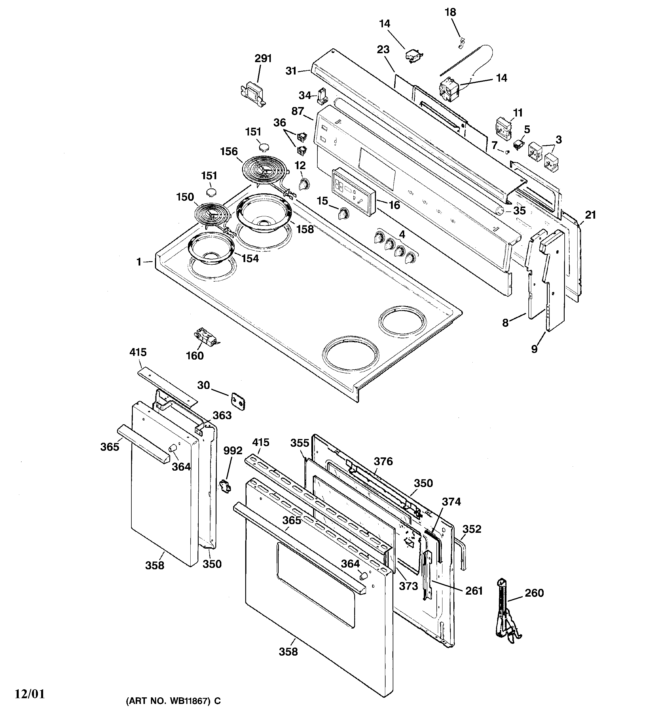 GE JCS57Y5WW control panel, cooktop & doors diagram