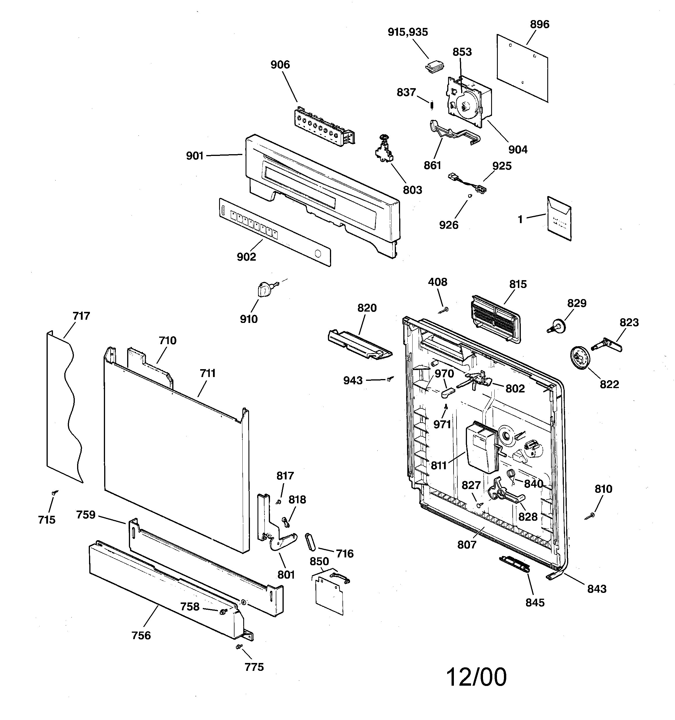 GE GSD3855F00CC escutcheon & door assembly diagram