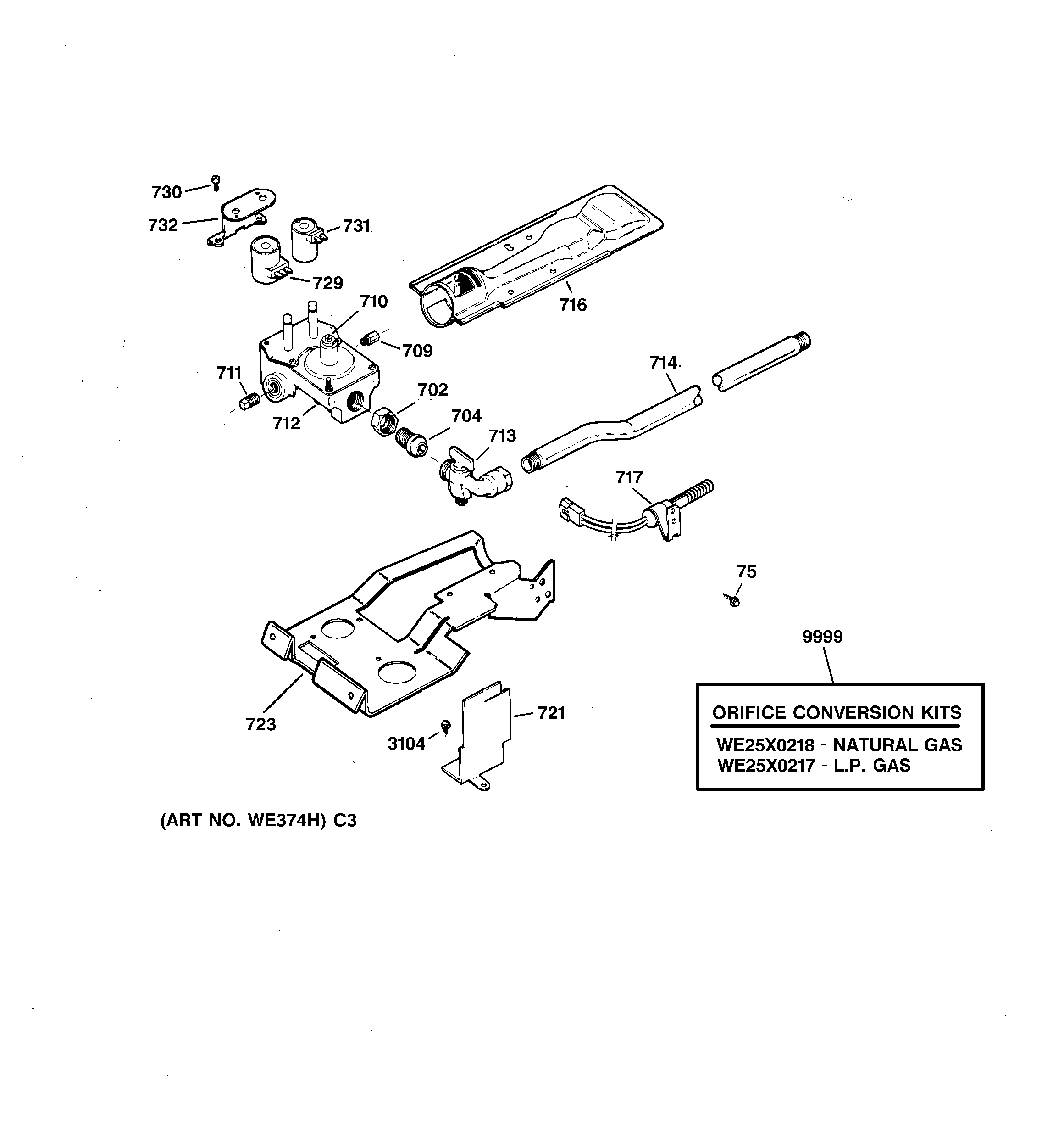 GE DHSR333GA1WB gas valve & burner assembly diagram