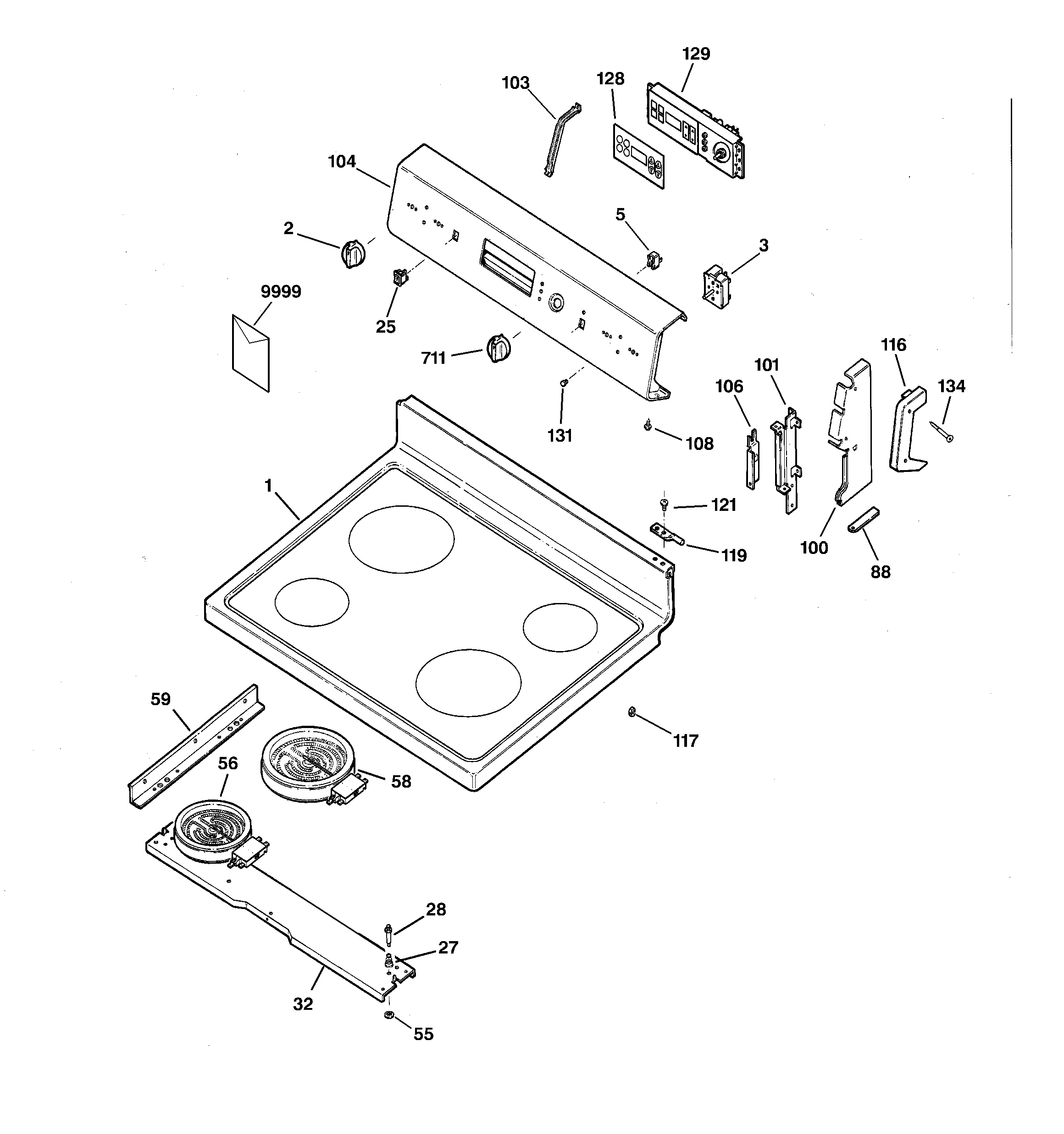GE JBP61WC1WW controls & cooktop diagram