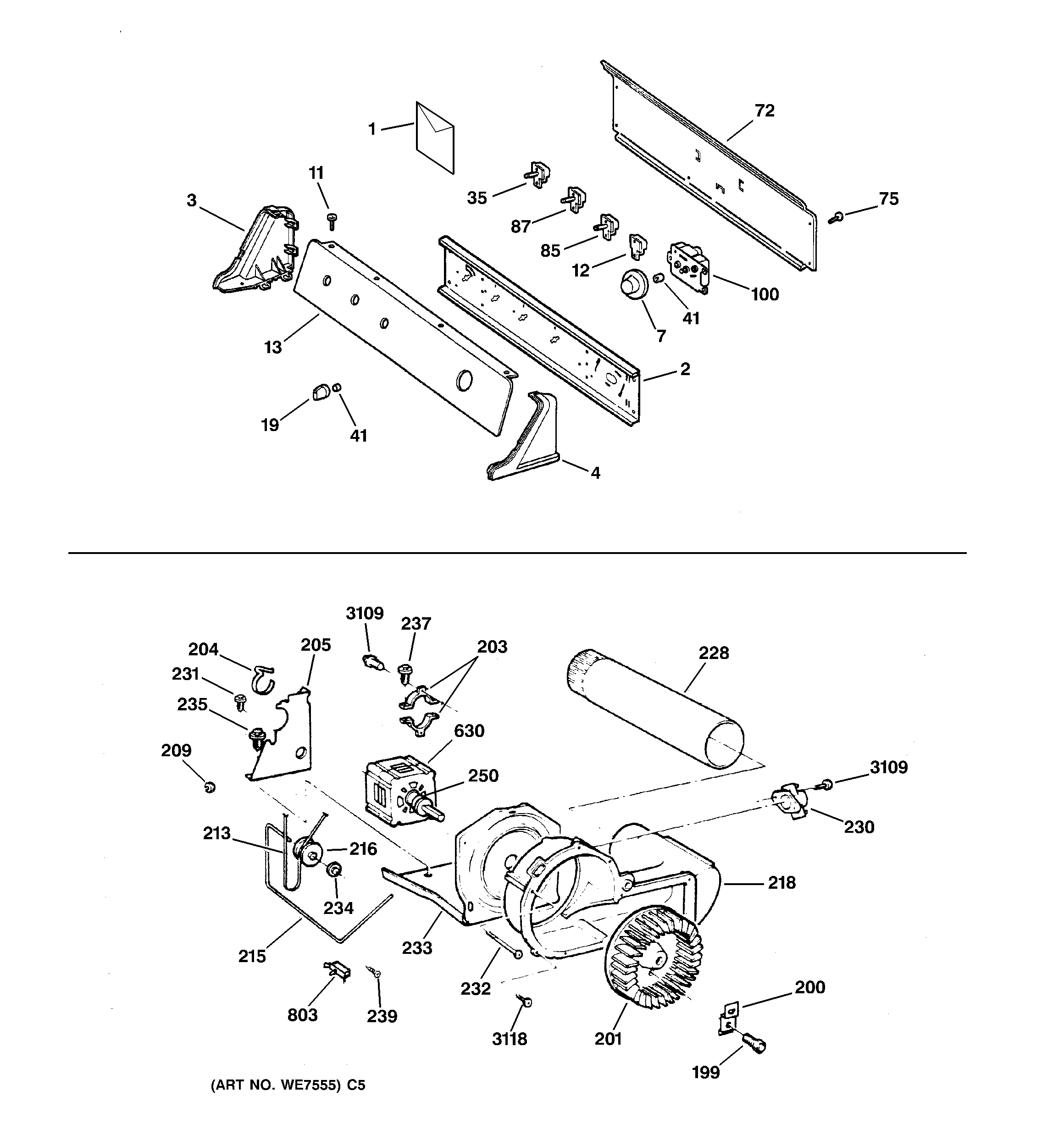 GE DPXR483GA1AA backsplash, blower & motor diagram
