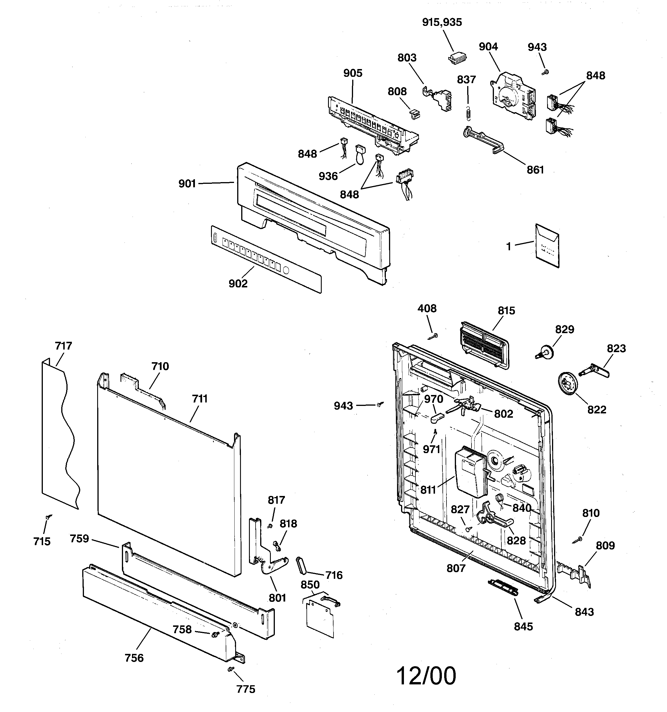 GE GSDL122F01BB escutcheon & door assembly diagram
