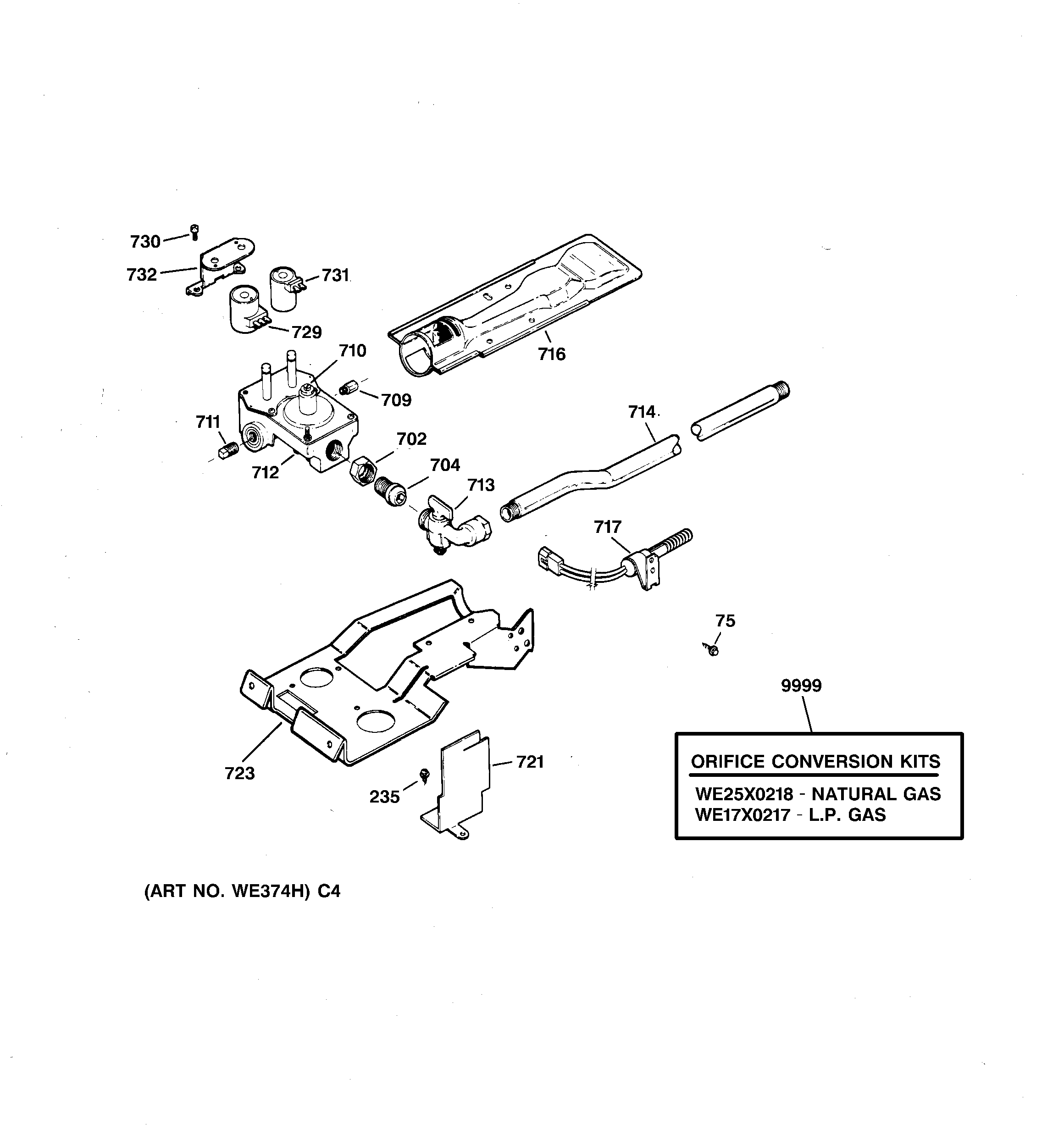 GE DPSR483GA2AA gas valve & burner assembly diagram