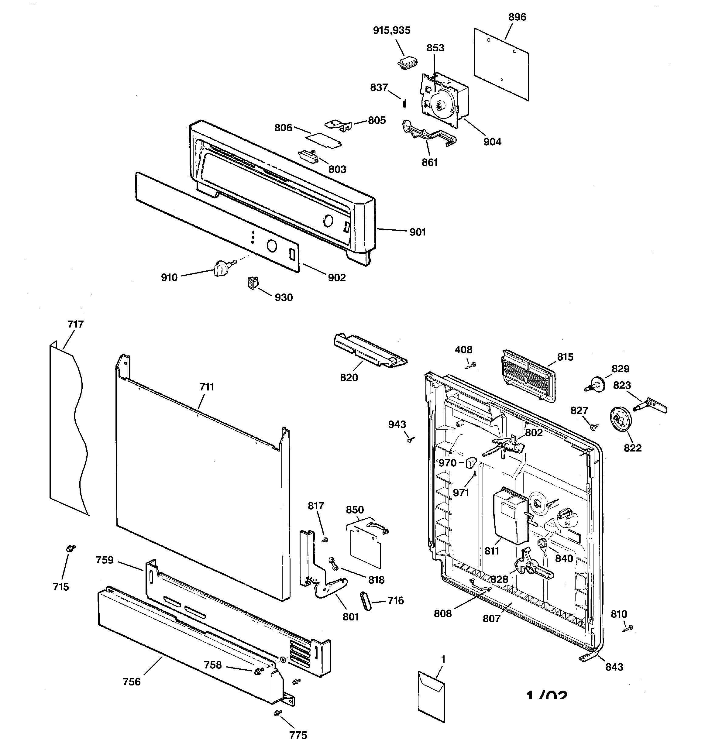 GE GSD1900G00WH escutcheon & door assembly diagram