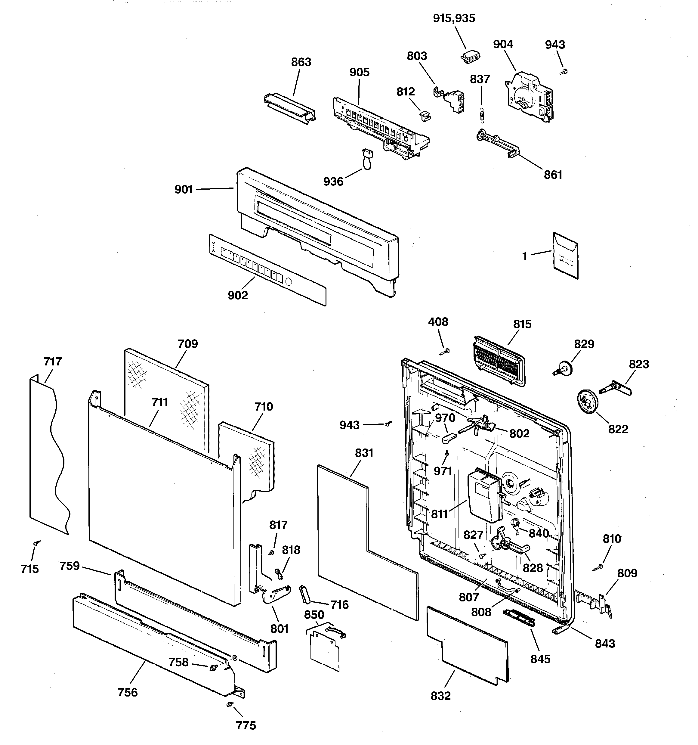 GE GSD5800G00BB escutcheon & door assembly diagram