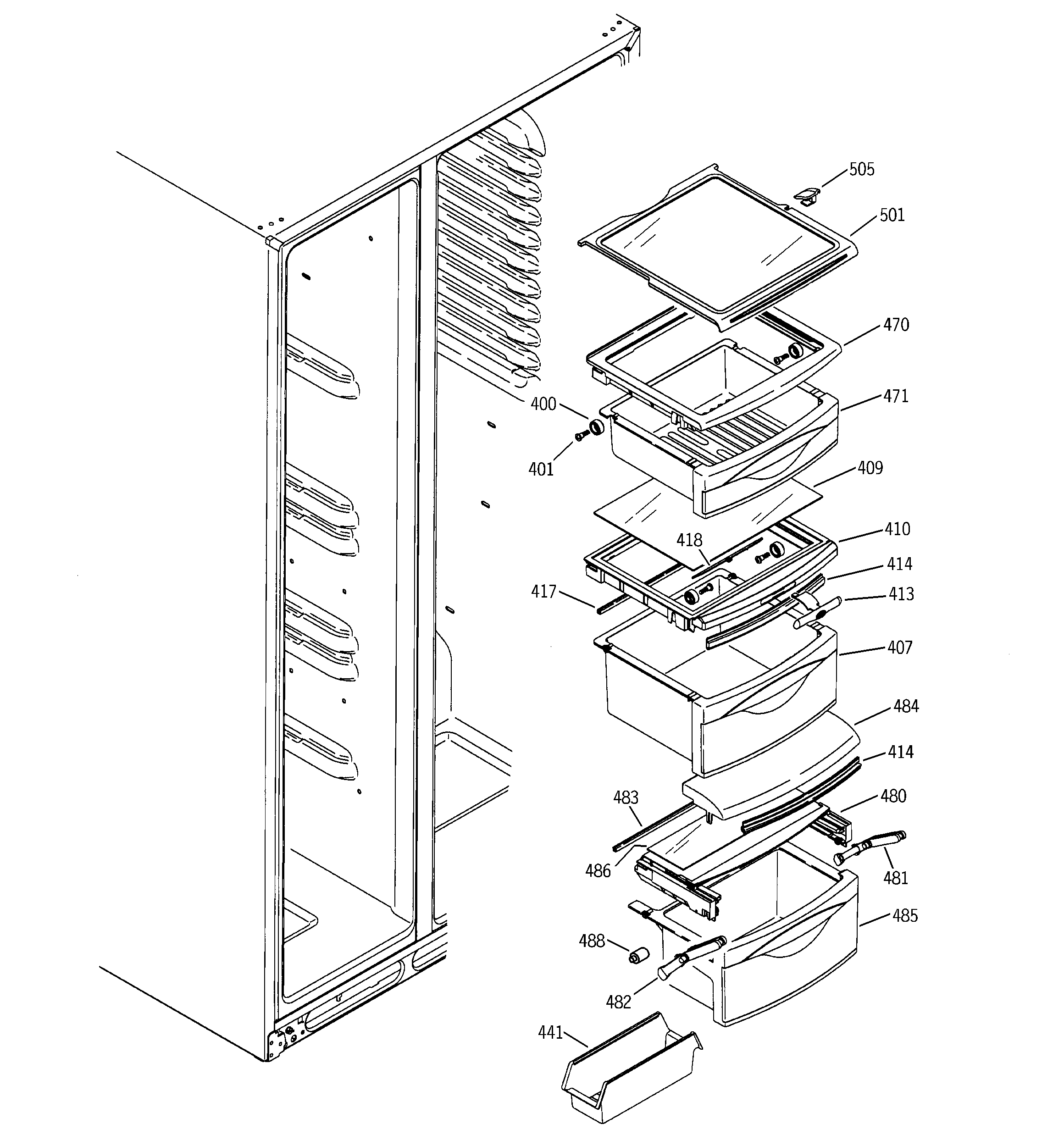 GE GSS25TGMACC fresh food shelves diagram