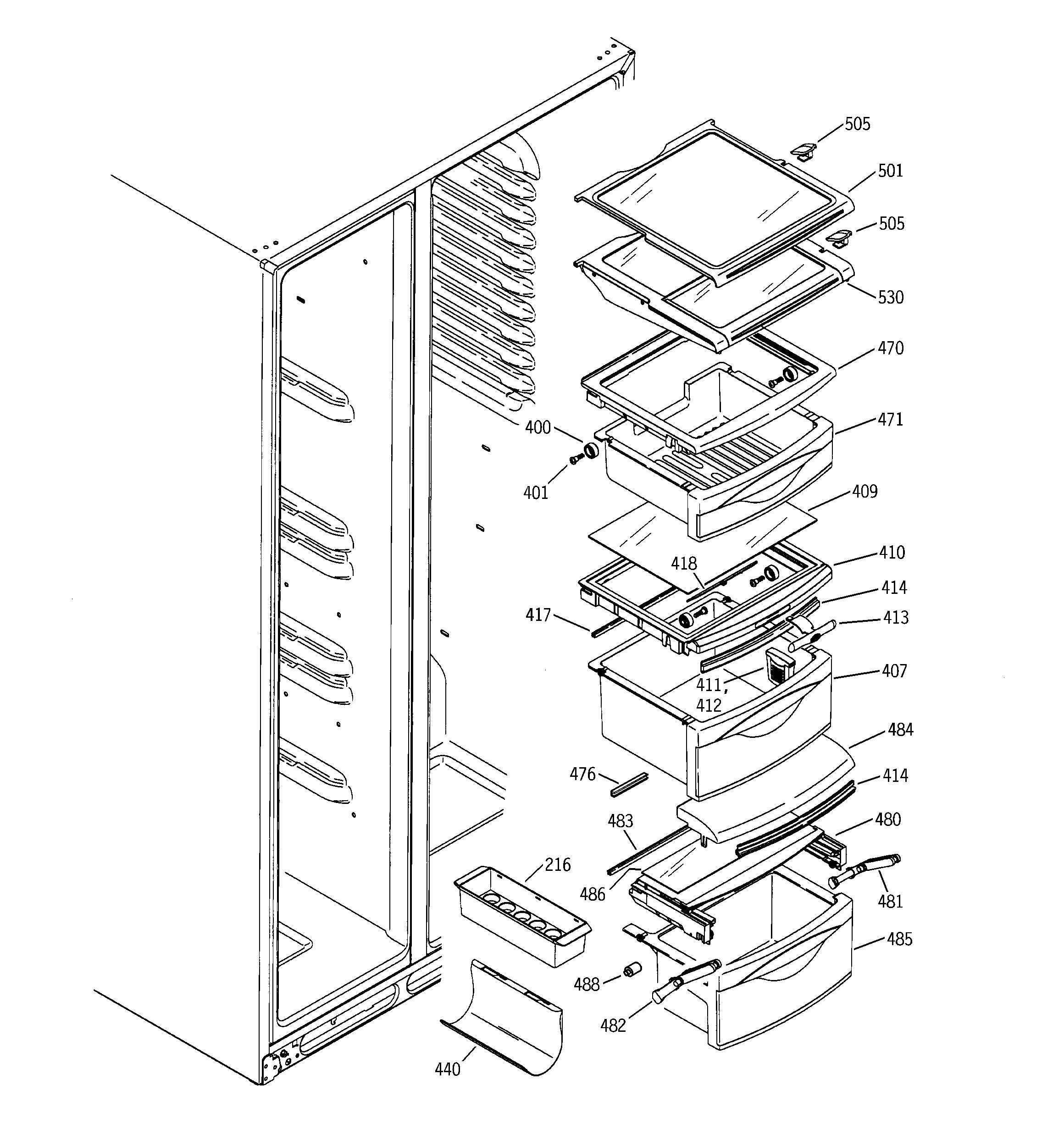 GE PSS25MGMAWW fresh food shelves diagram