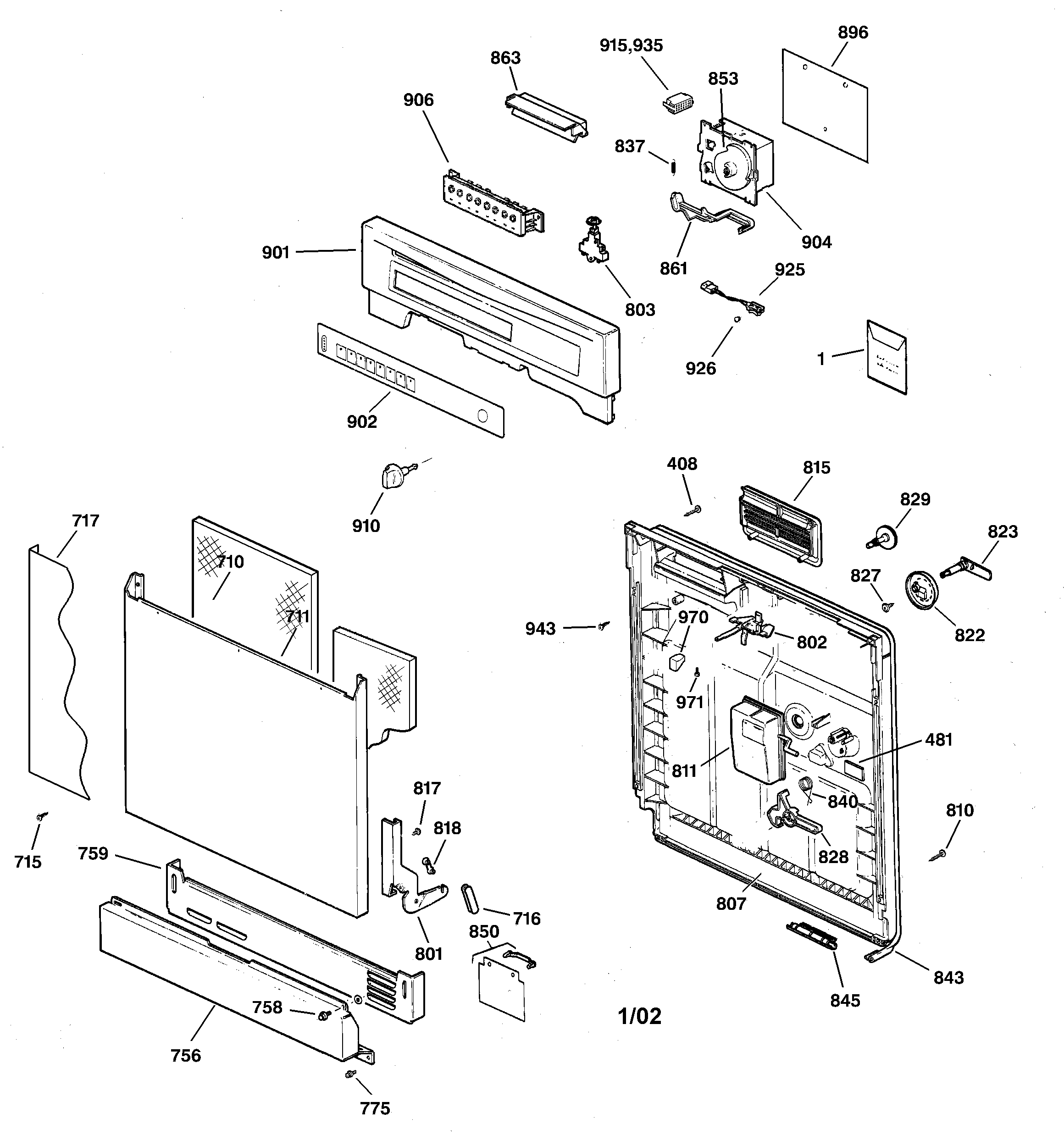 GE GSD3435F00WW escutcheon & door assembly diagram