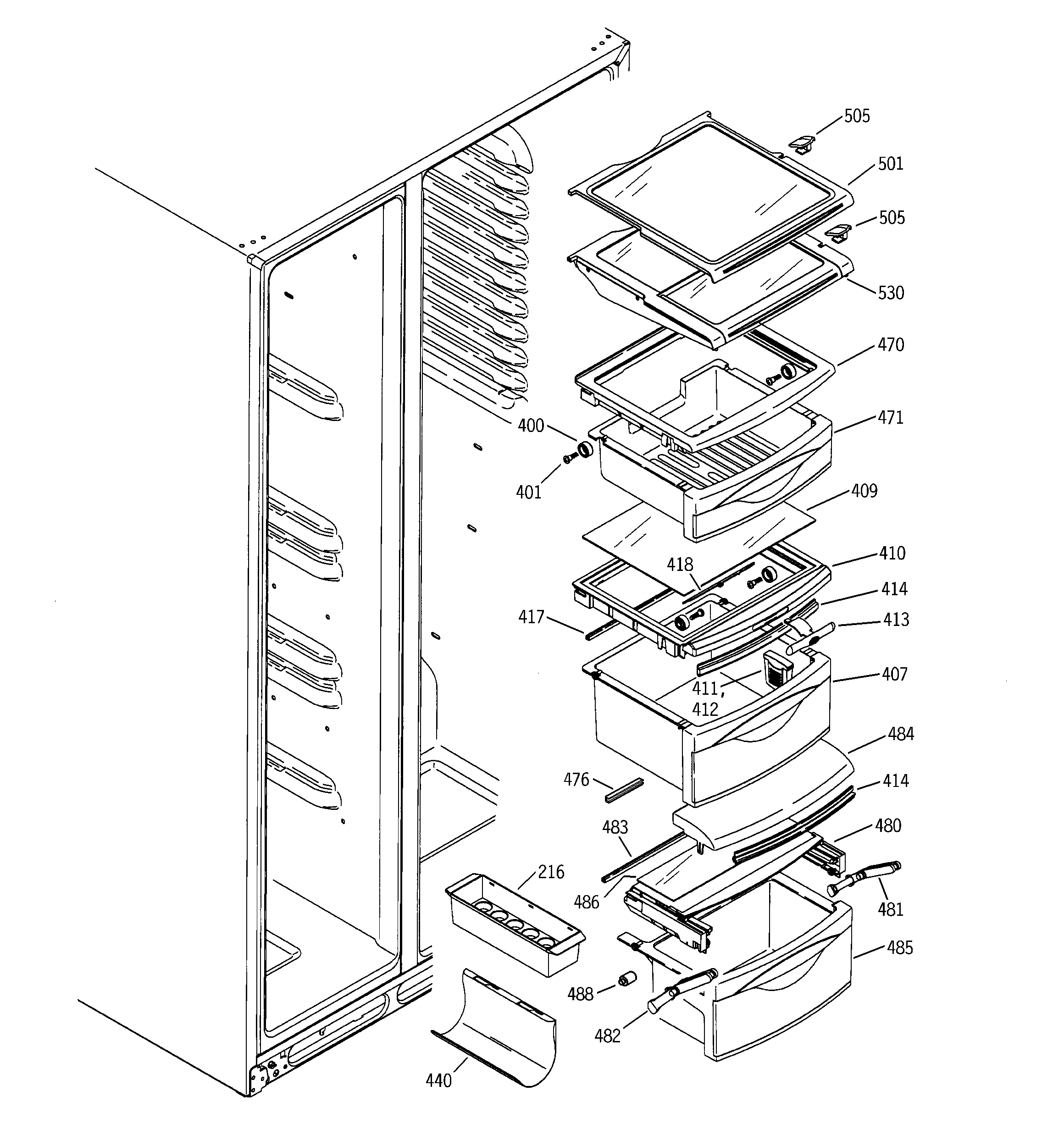 GE PCG21SIMAFBS fresh food shelves diagram