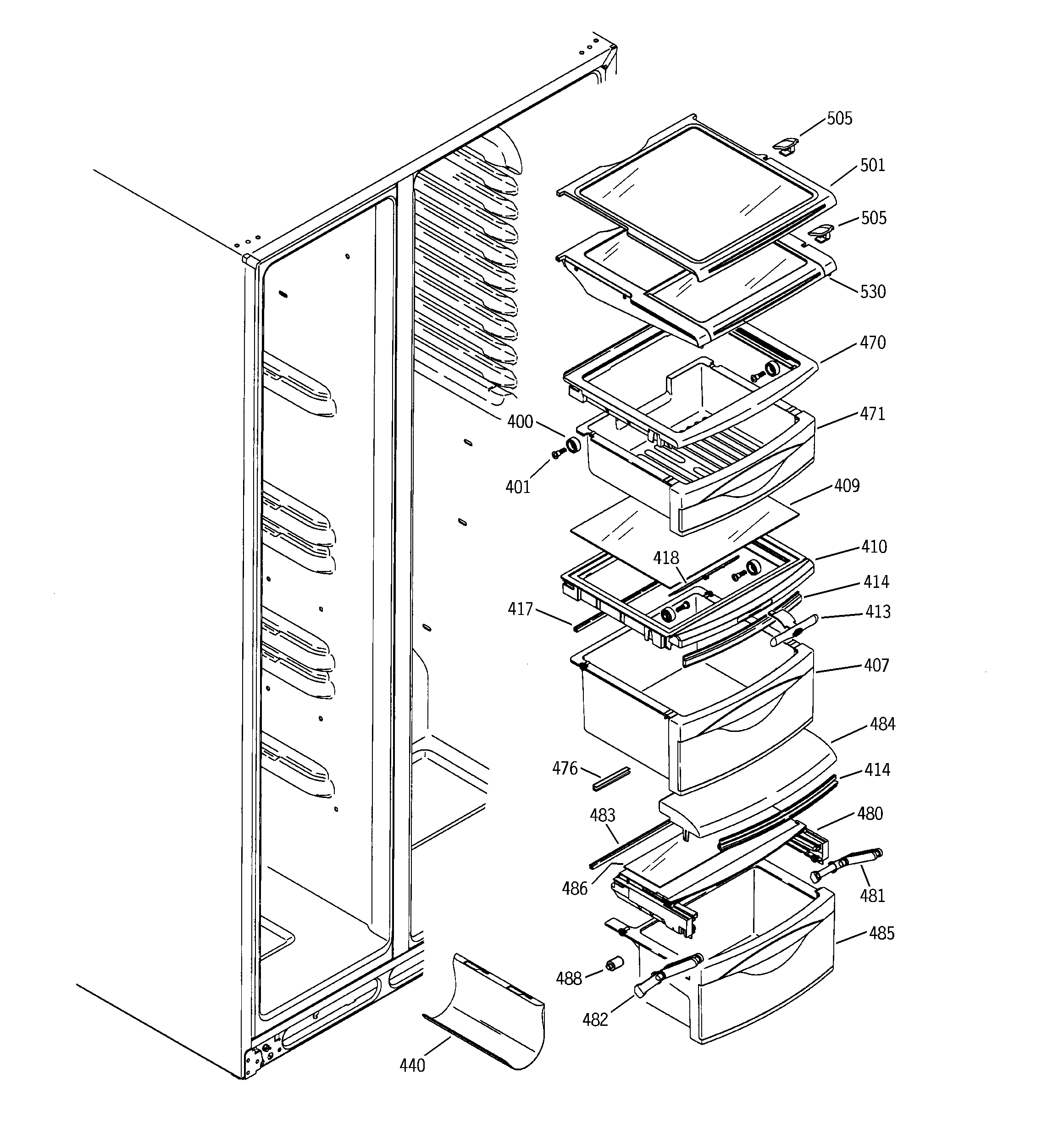 GE PSS25MCNACC fresh food shelves diagram