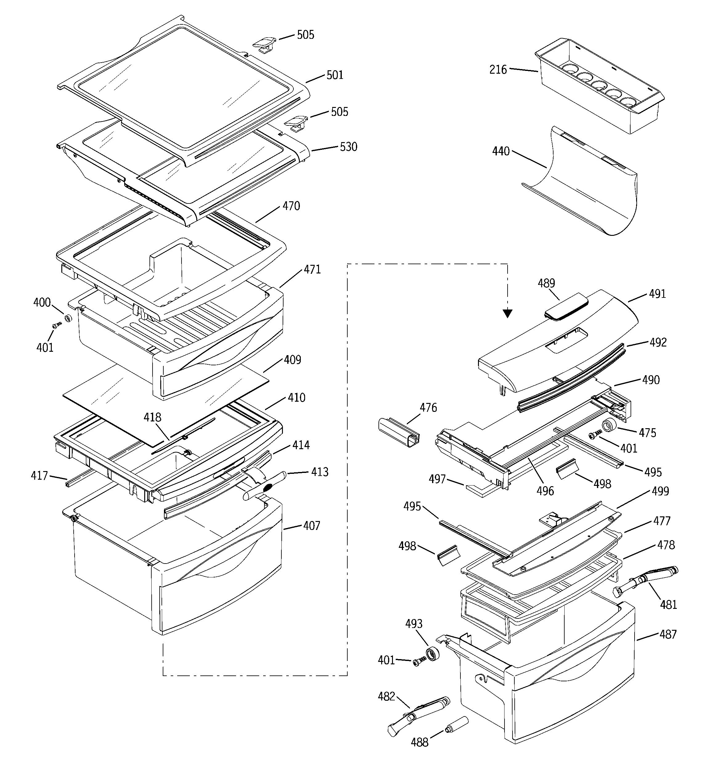 GE PSK29NGMACCC fresh food shelves diagram