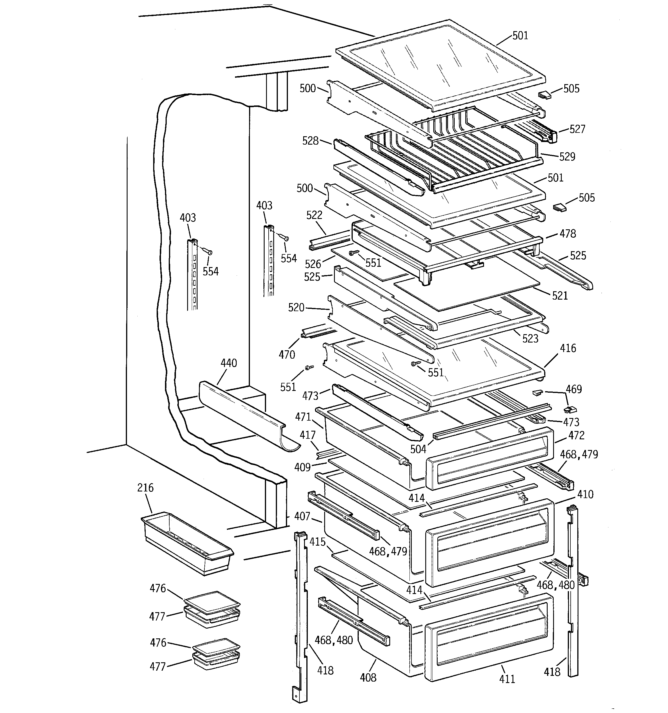 GE TFK28PFDAWW fresh food shelves diagram