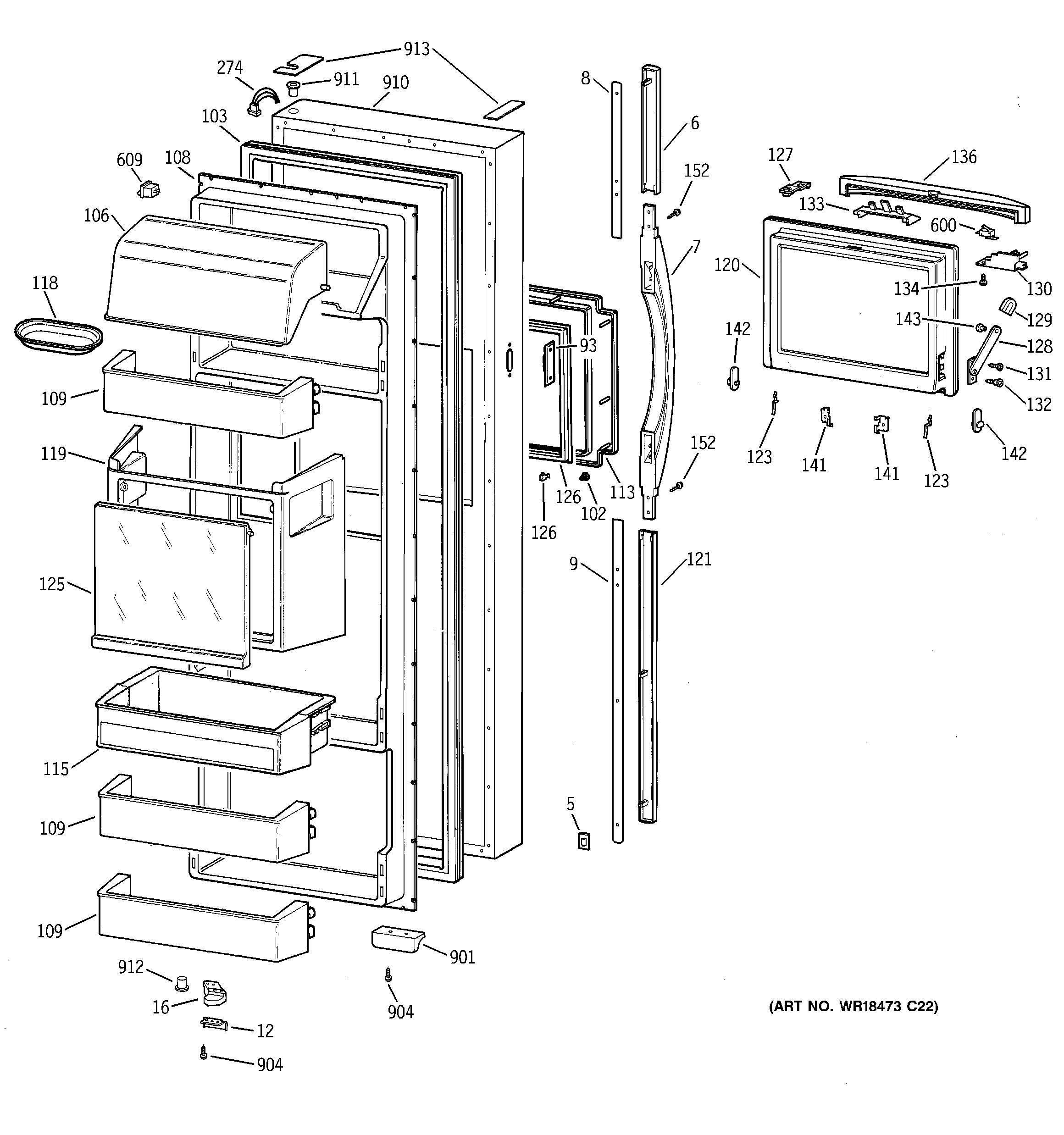 GE TFK28PFDBAA fresh food door diagram