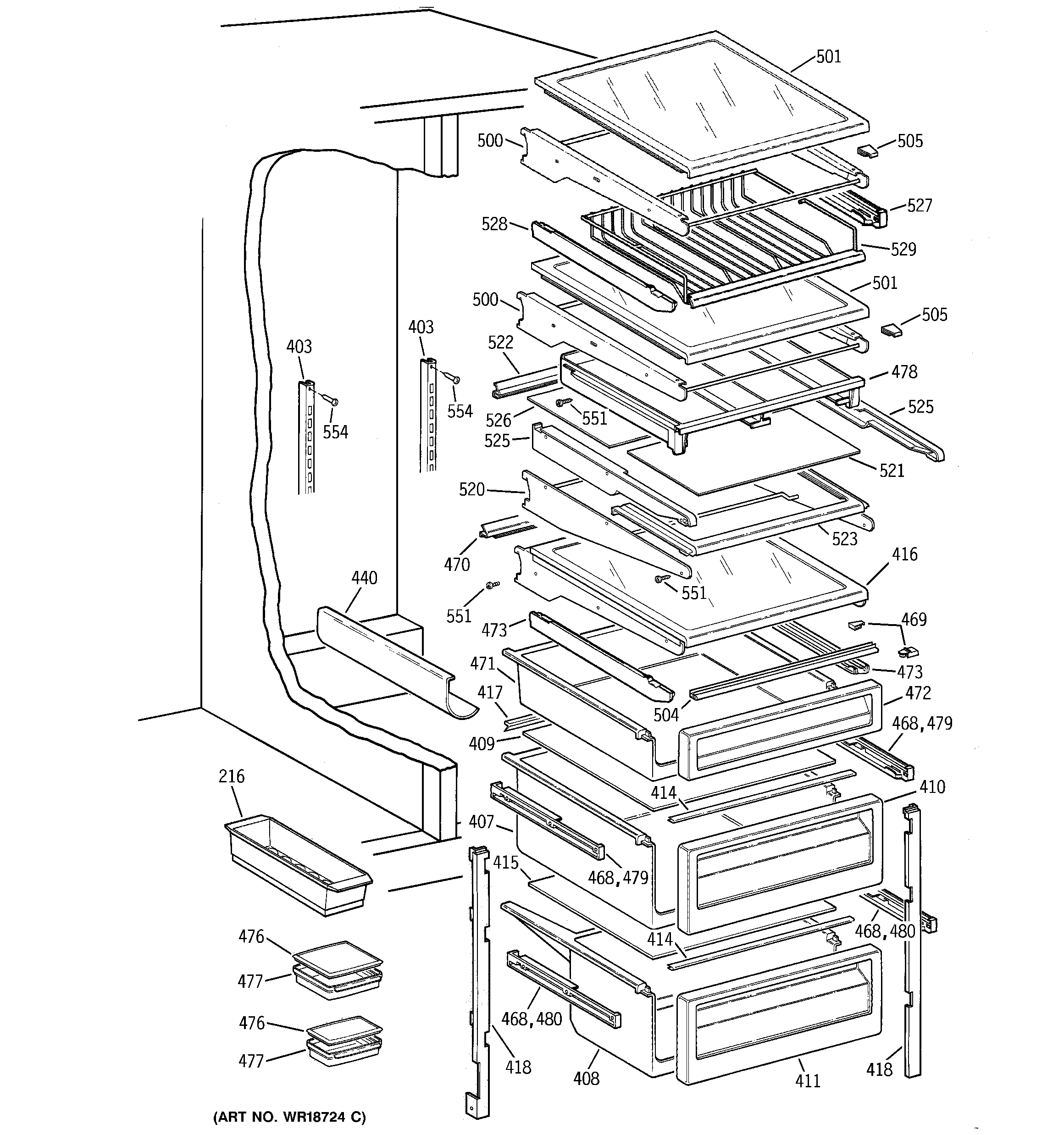 GE TFK28PFDBAA fresh food shelves diagram